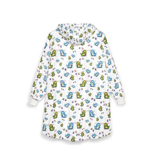 Hooded Blanket — Cozy Plush Hoodie with Cute Blue & Green Character Print