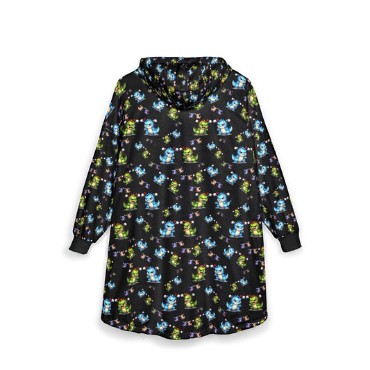 Hooded Blanket — Cozy Plush Hoodie with Cute Blue & Green Character Print