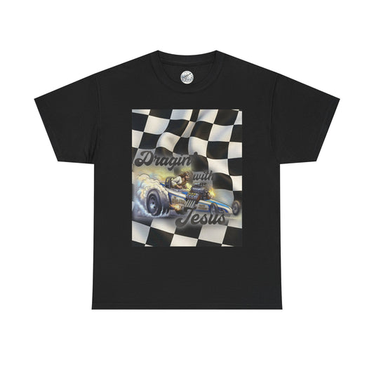 Racing Faith Tee – "Draggin' for Jesus" Checkered Flag Racing T-Shirt