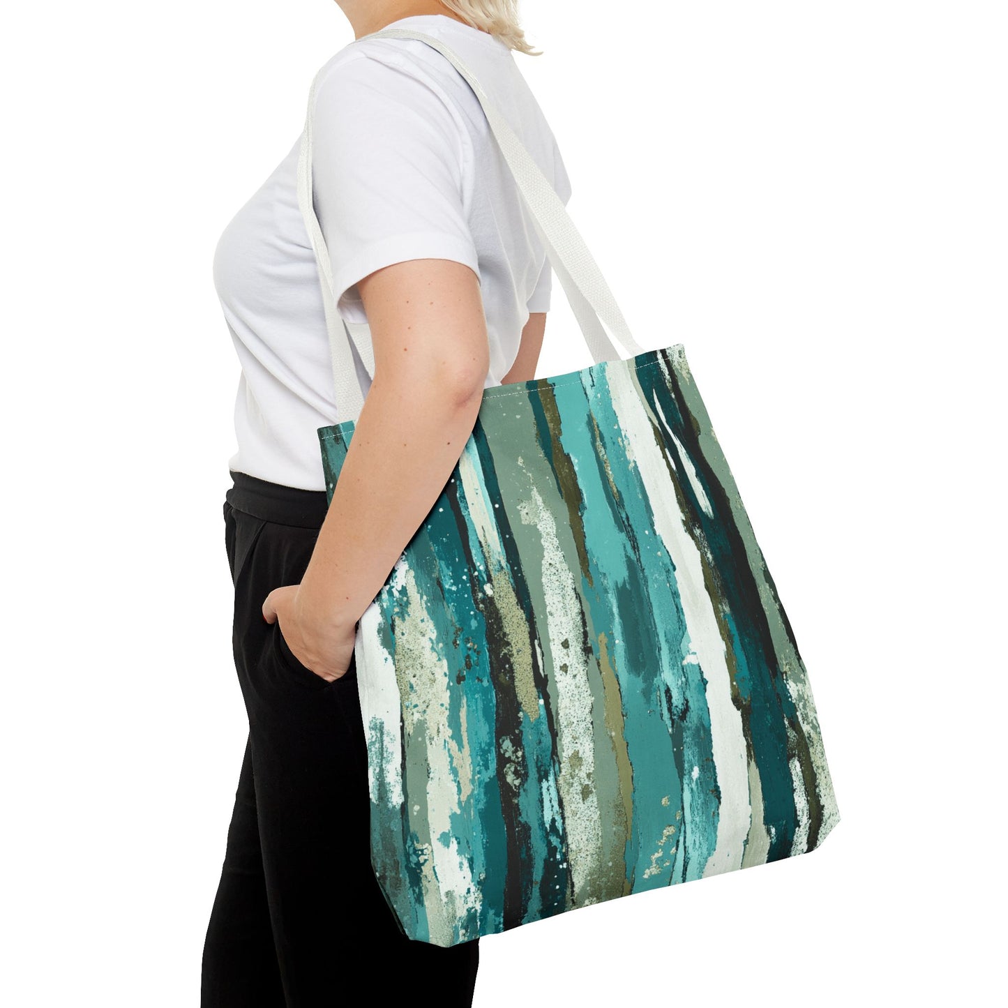Abstract Teal Stripes Tote Bag — Vertical Brushstroke Pattern