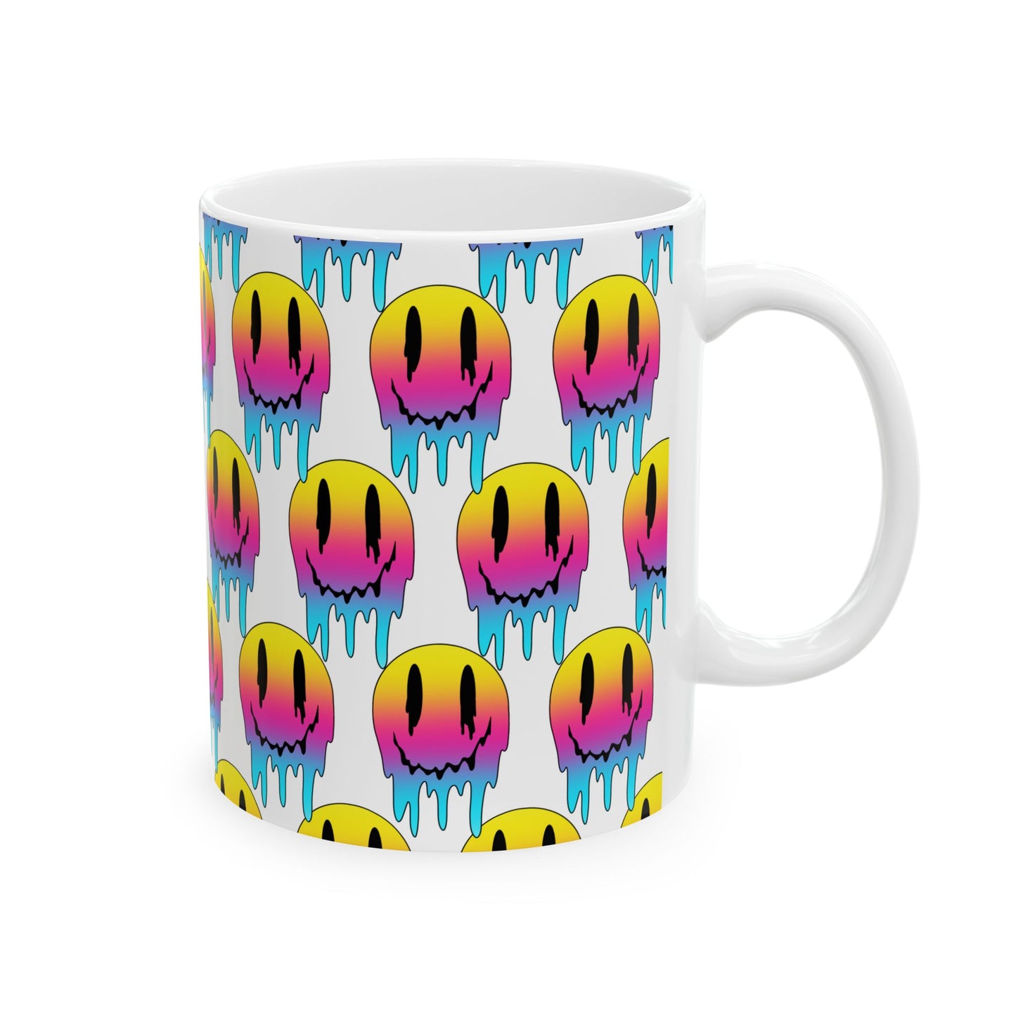 Dripping Neon Smile Ceramic Mug — Colorful Melting Emoji Coffee Cup (11oz/15oz)
