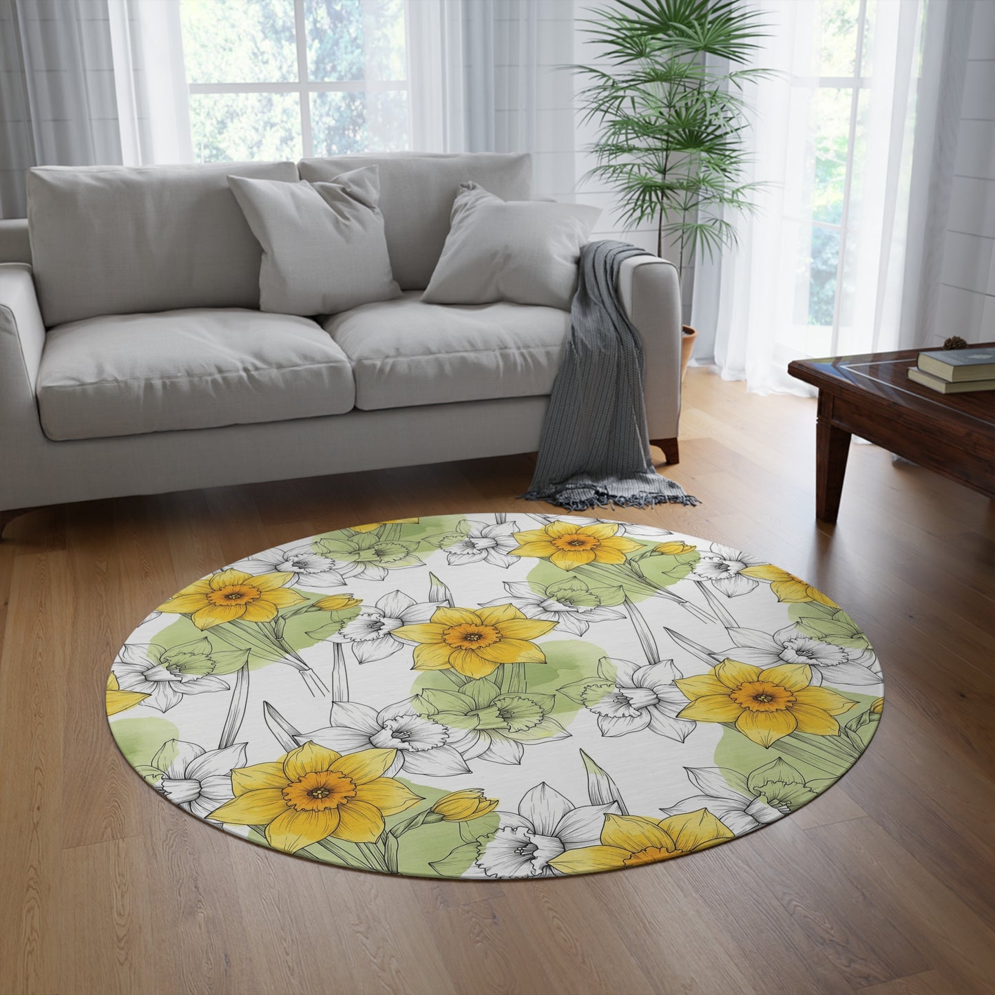 Daffodil Bloom Round Rug — Spring Floral Accent Mat
