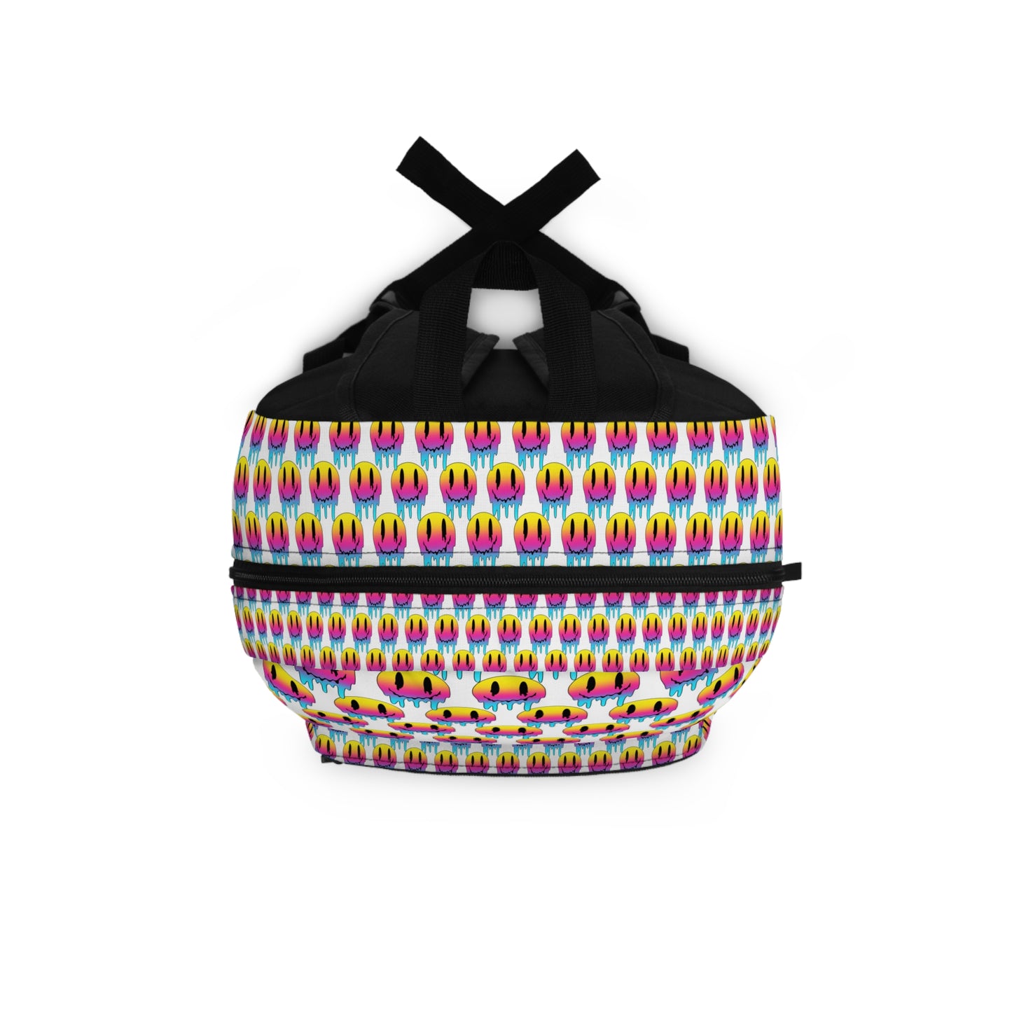 Colorful Drip Smile Backpack — Neon Rainbow Melting Emoji Pattern School Bag