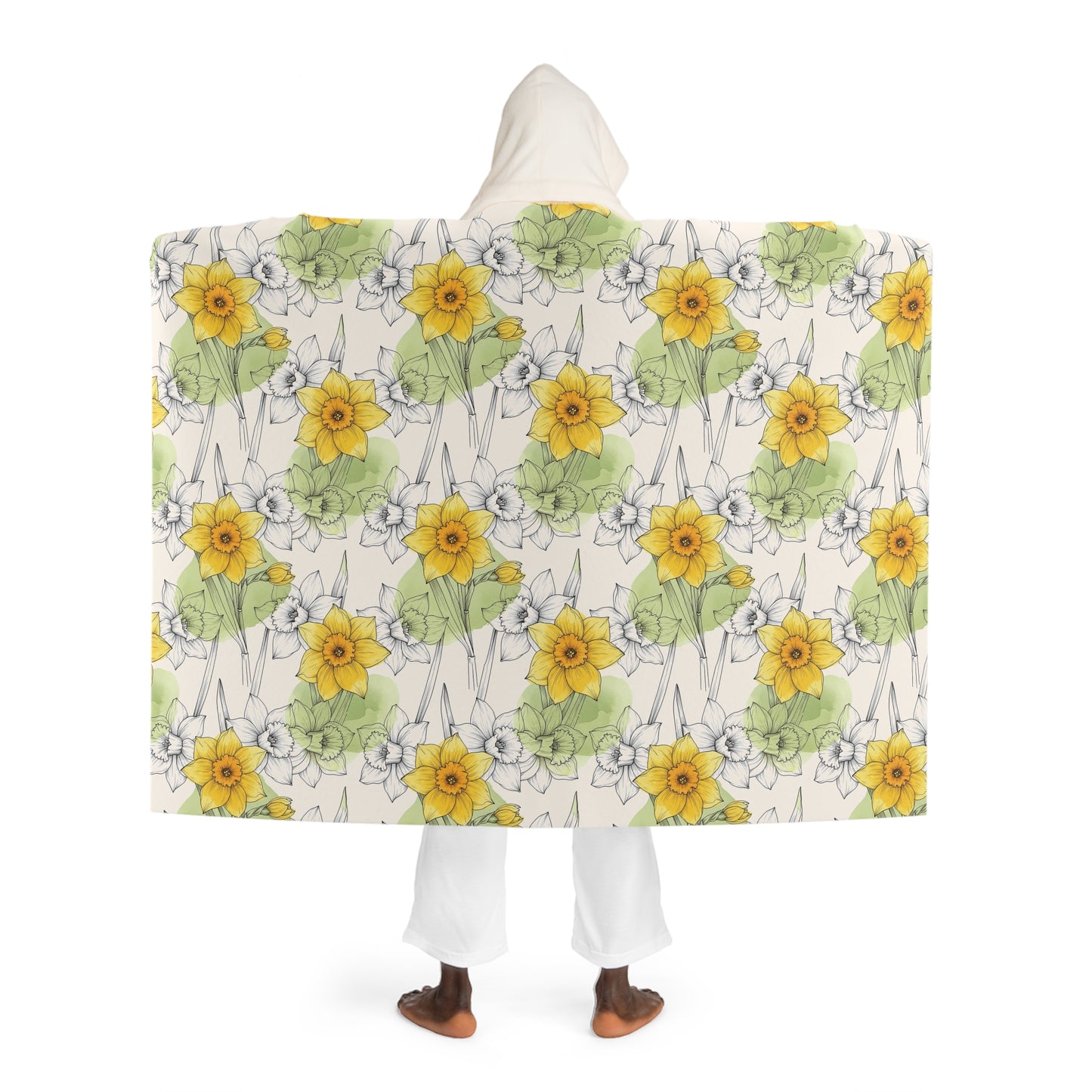 Hooded Sherpa Blanket — Yellow & Green Daffodil Floral Fleece Throw