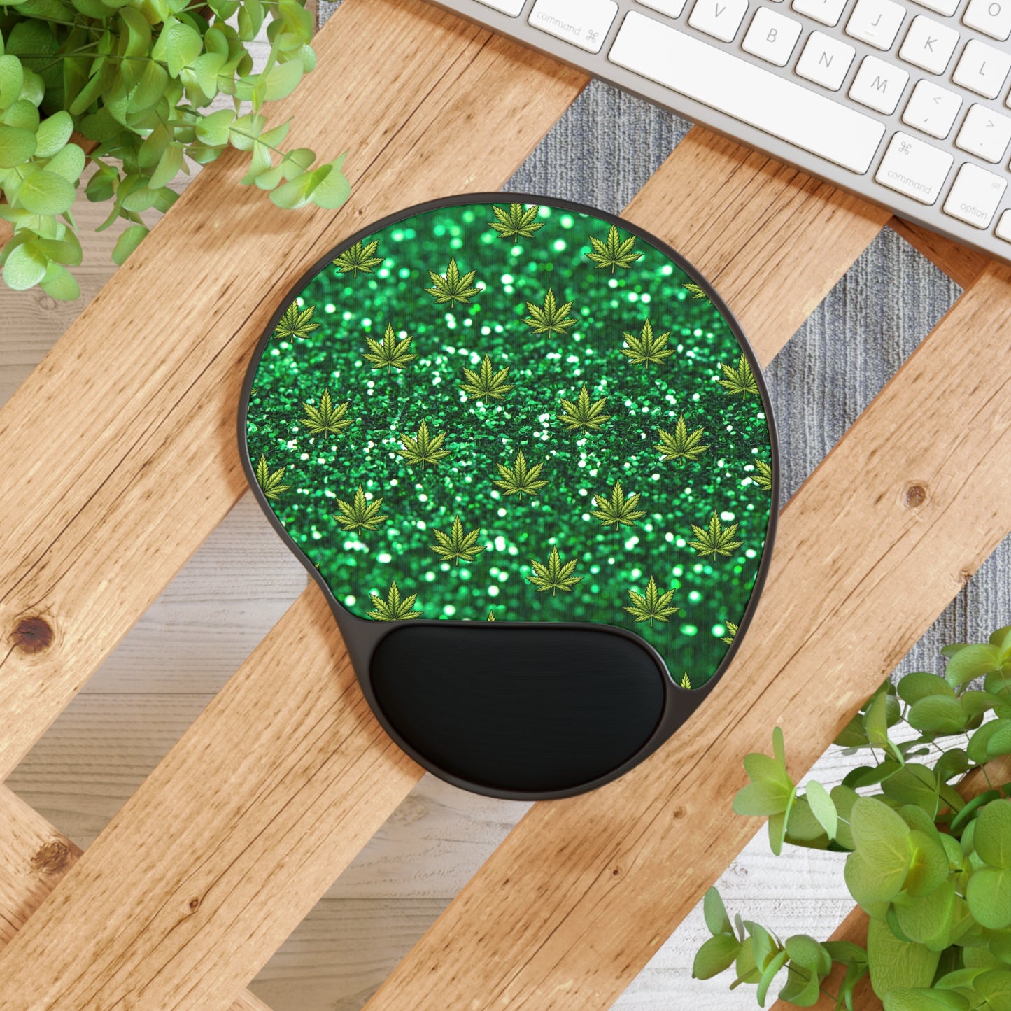 Green Glitter Cannabis Leaf Mouse Pad with Ergonomic Wrist Rest