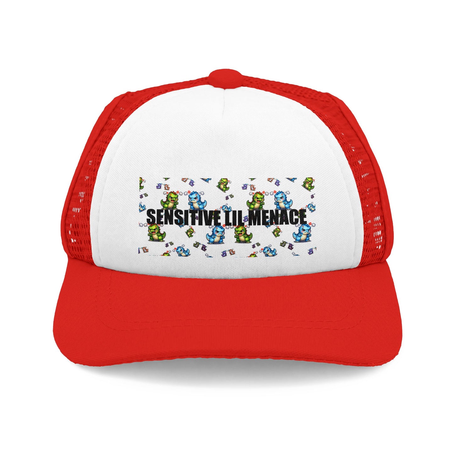 Dog Pattern Trucker Hat — "Sensitive menace" Graphic