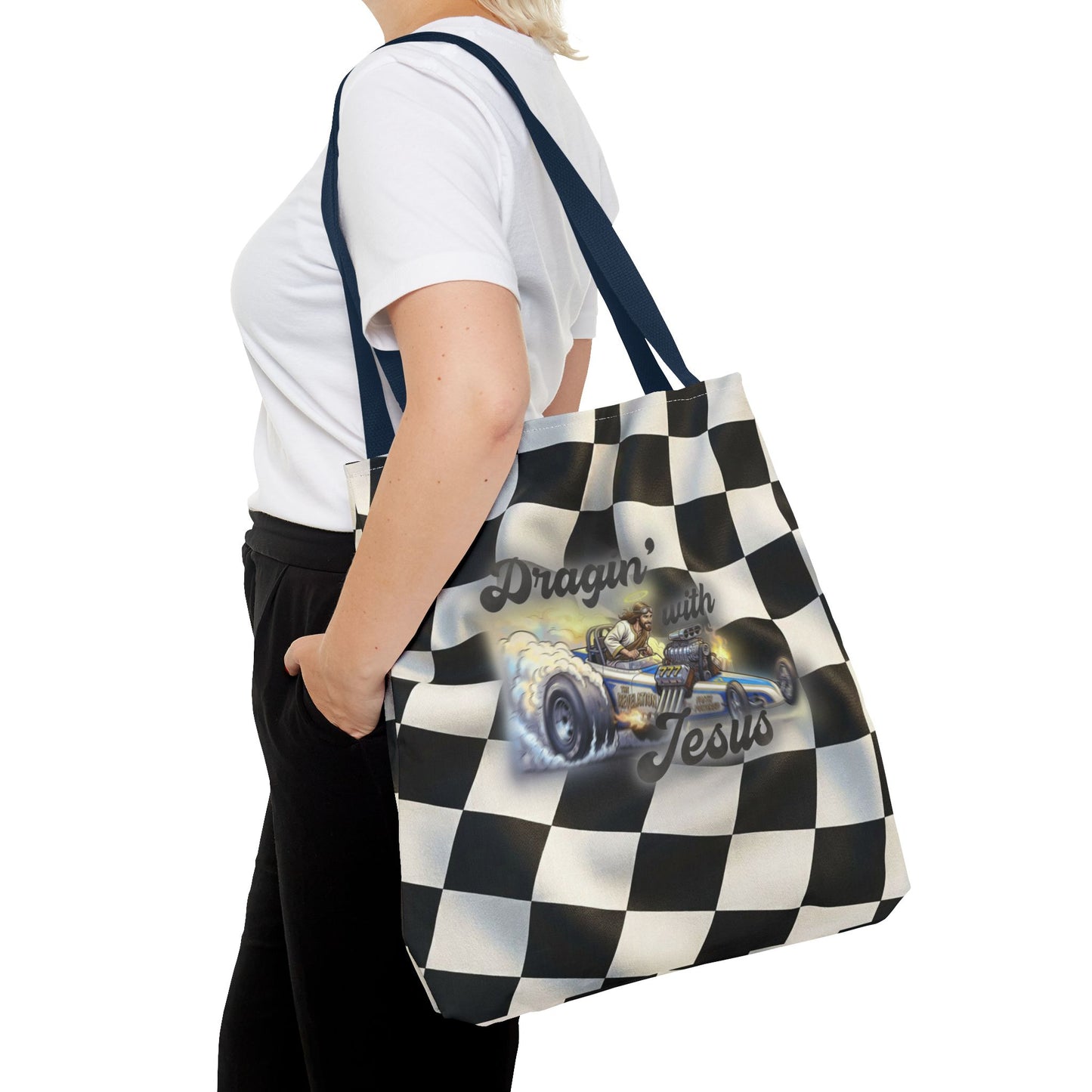 Dragin' Jesus Racing Tote Bag — Checkered Flag Vintage Hot Rod Tote