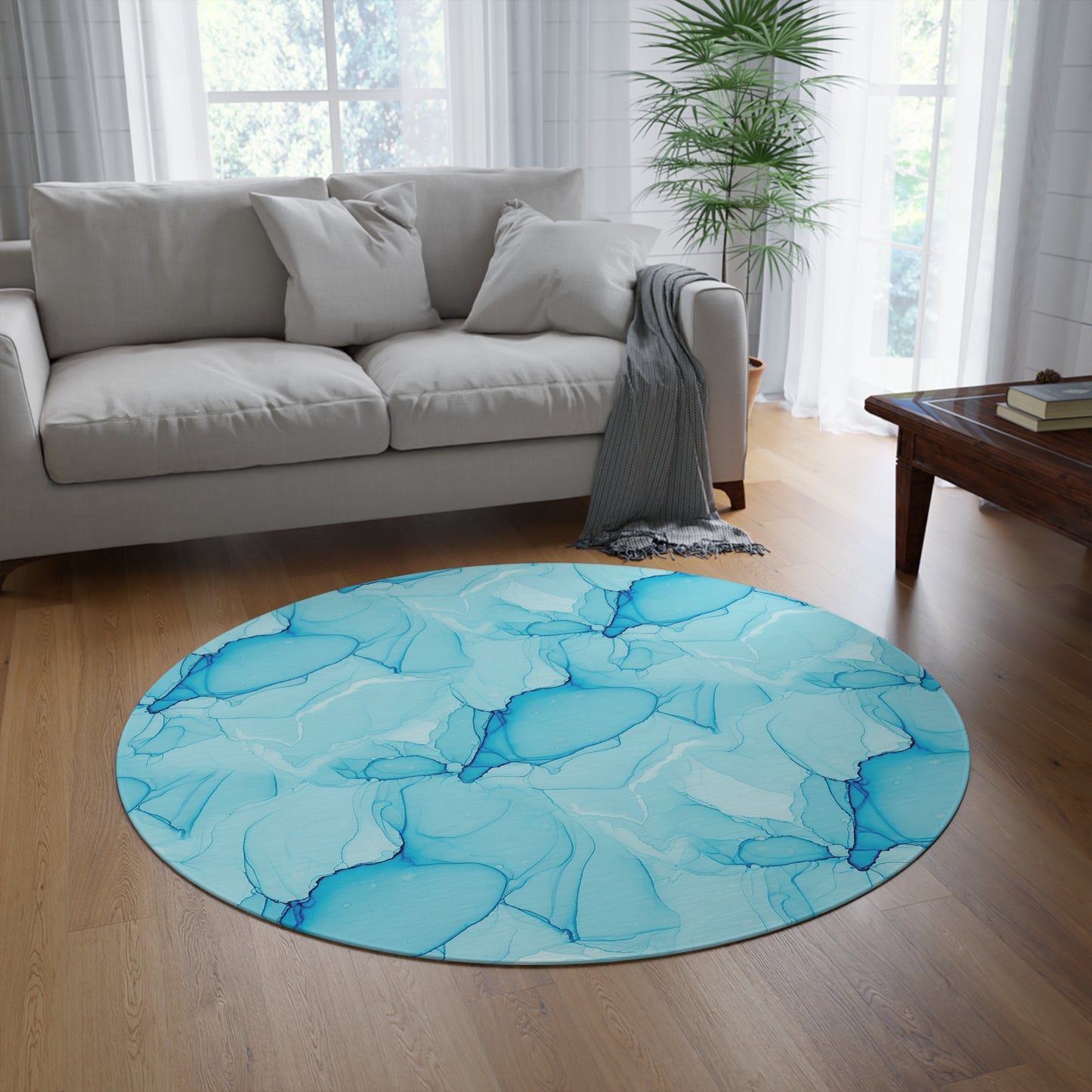 Blue Ink Abstract Round Rug — Coastal Watercolor Floor Mat