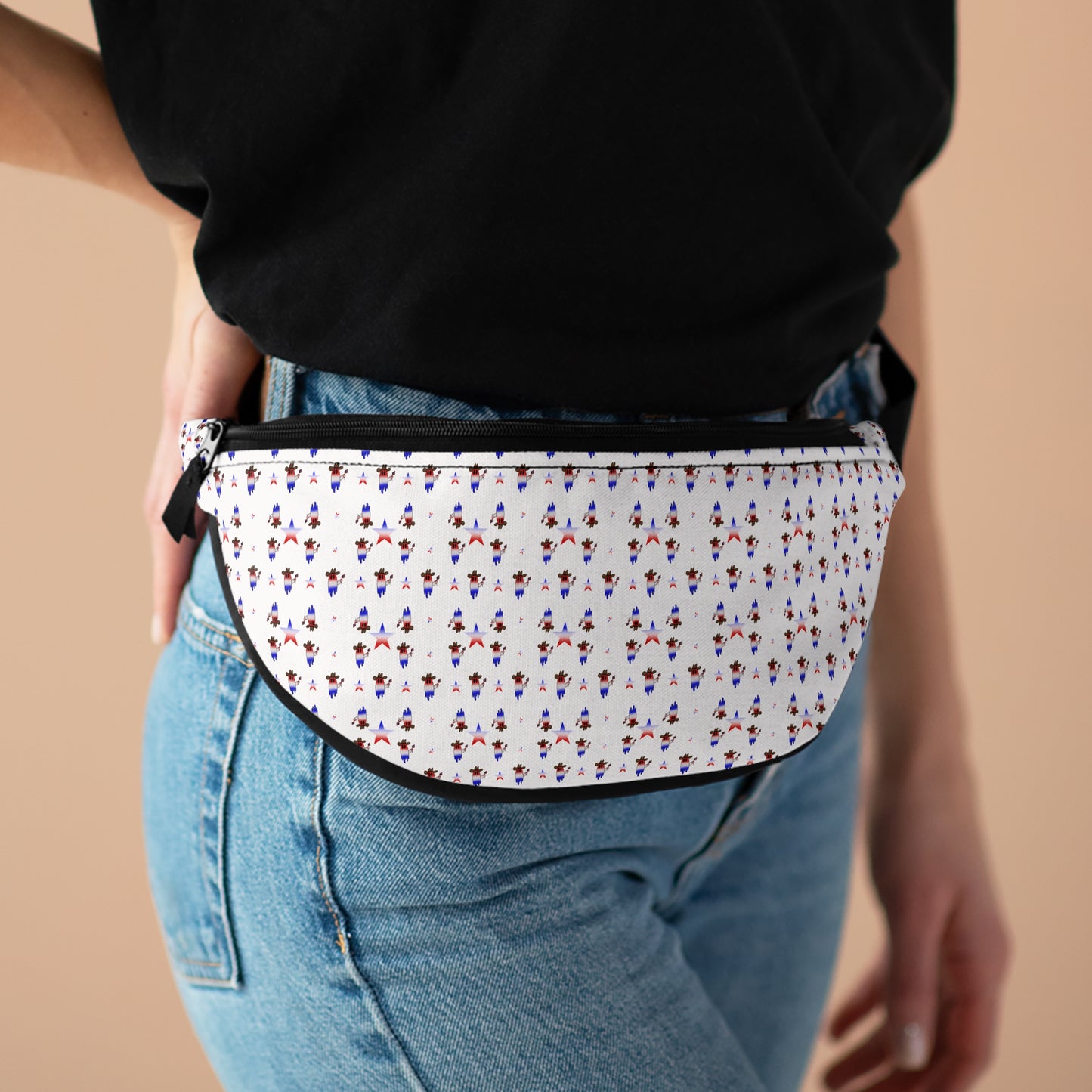 Fanny Pack — Petite Floral Pattern Waist Bag, White with Tiny Red & Blue Flowers