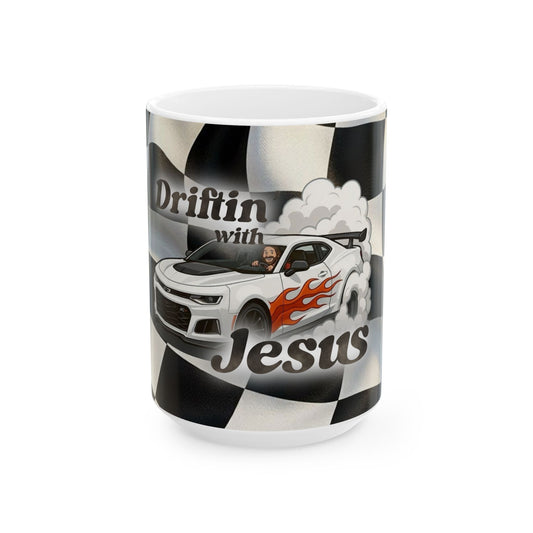 Driftin' with Jesus Ceramic Mug — Racing Checkered Design with Faith Car Graphic (11oz/15oz)