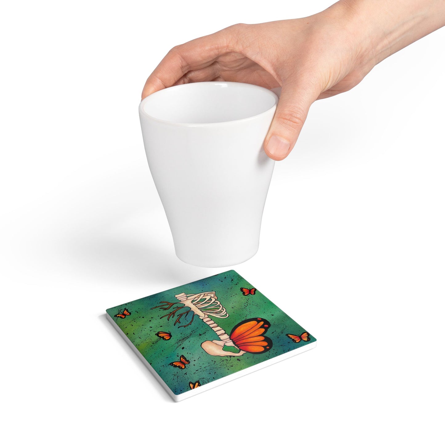 Skeleton & Monarch Butterfly Ceramic Coaster — Gothic Nature Drink Coaster