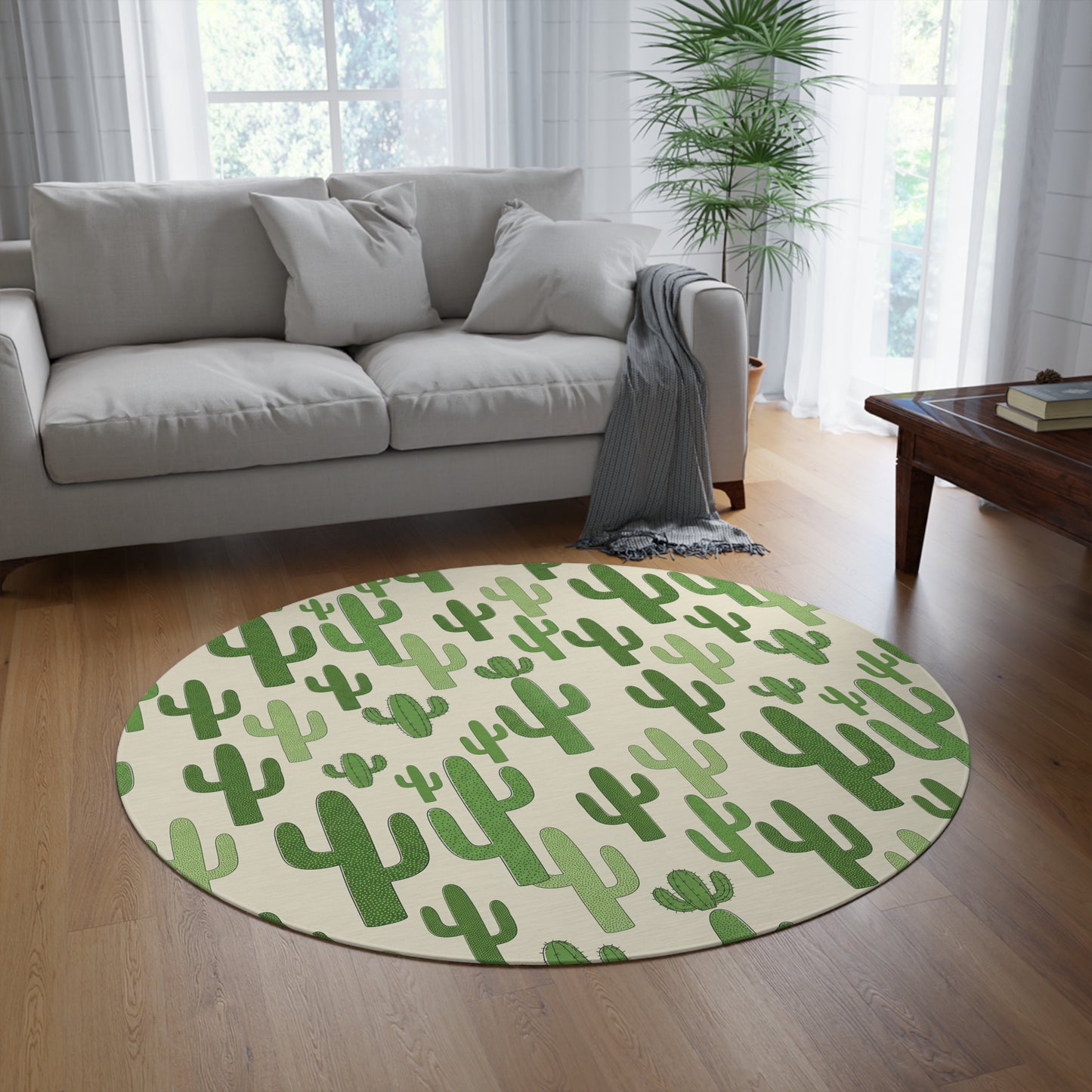 Cactus Pattern Round Rug — Green Desert Accent Floor Mat