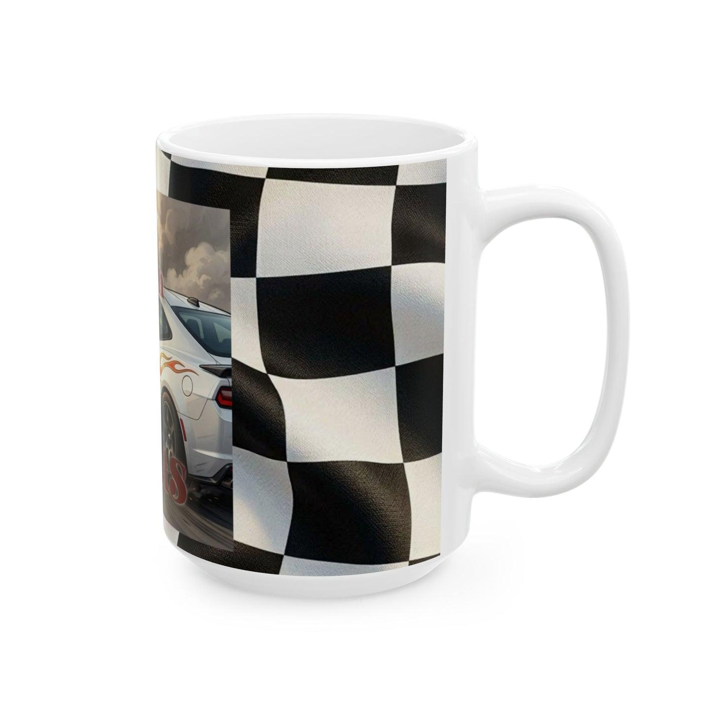 Dragin' with Jesus Ceramic Mug — Racing Checkered Design with Faith Car Graphic (11oz/15oz)