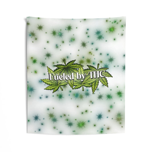 “Fueled by THC” Leaf Wall Tapestry – Cannabis Decor for Dorms & Living Rooms