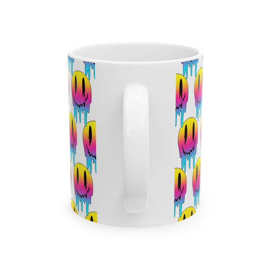 Dripping Neon Smile Ceramic Mug — Colorful Melting Emoji Coffee Cup (11oz/15oz)