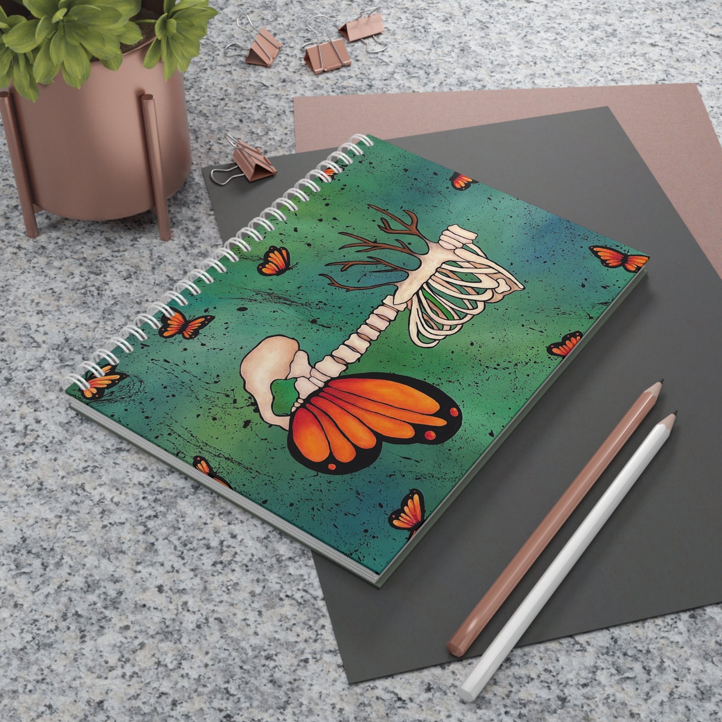 Skeleton Ribcage with Monarch Butterfly Spiral Notebook — Gothic Botanical Journal