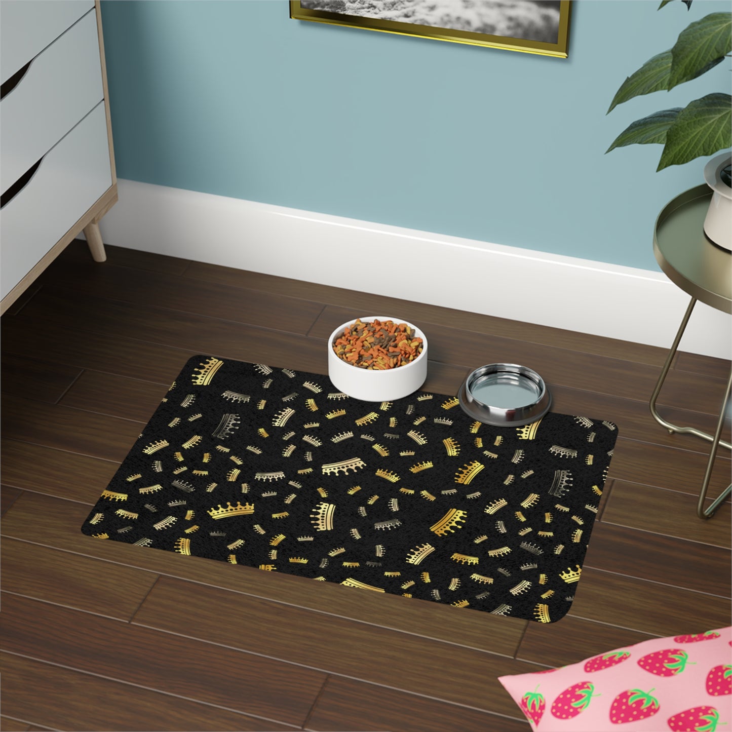 Crowned Confetti Pet Food Mat (12x18) — Non-Slip Royal Black Placemat for Dogs & Cats