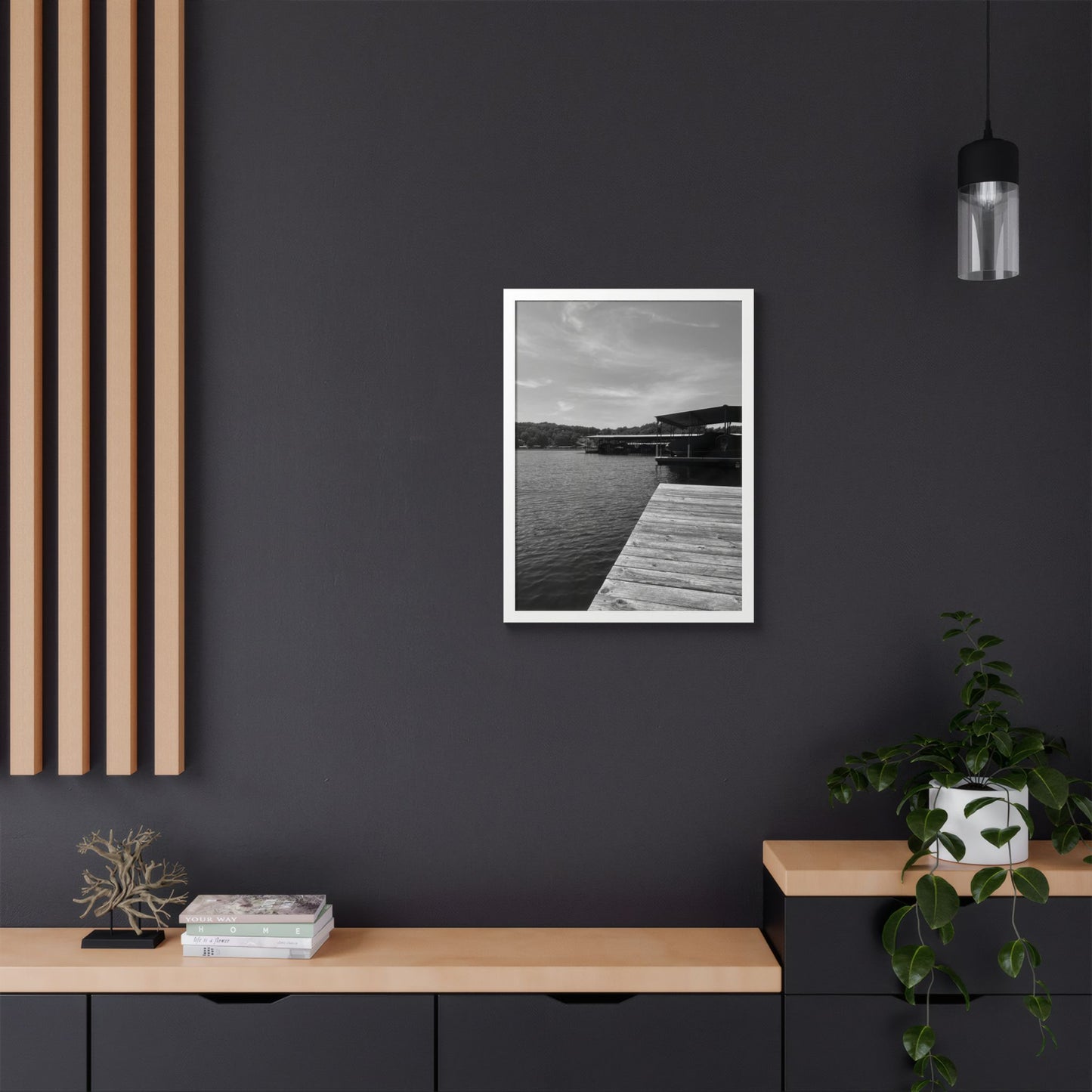 Lake Dock Framed Poster — Black & White Waterfront Wall Art