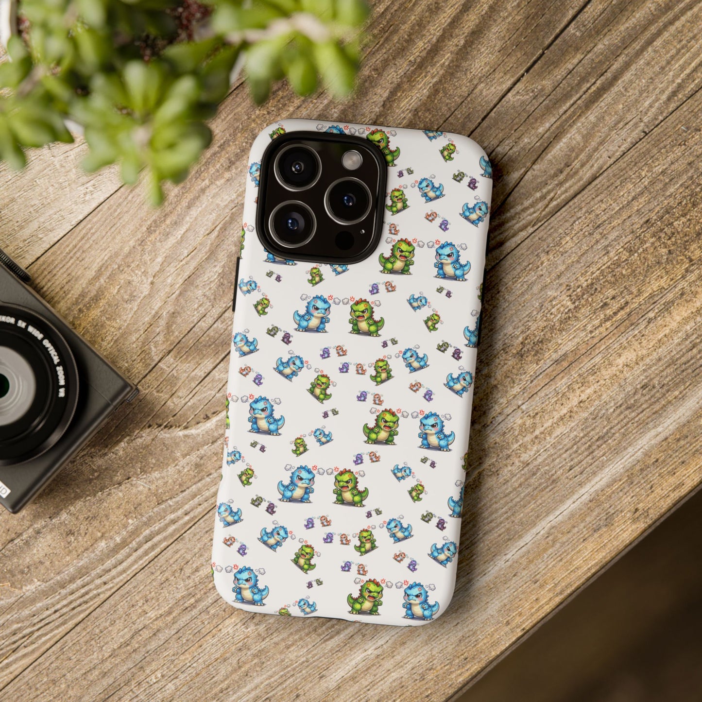 Cute Dino Pattern Phone Case — Cartoon Green & Blue Dino Tough Case, Protective iPhone Cover