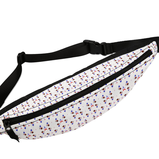 Fanny Pack — Petite Floral Pattern Waist Bag, White with Tiny Red & Blue Flowers