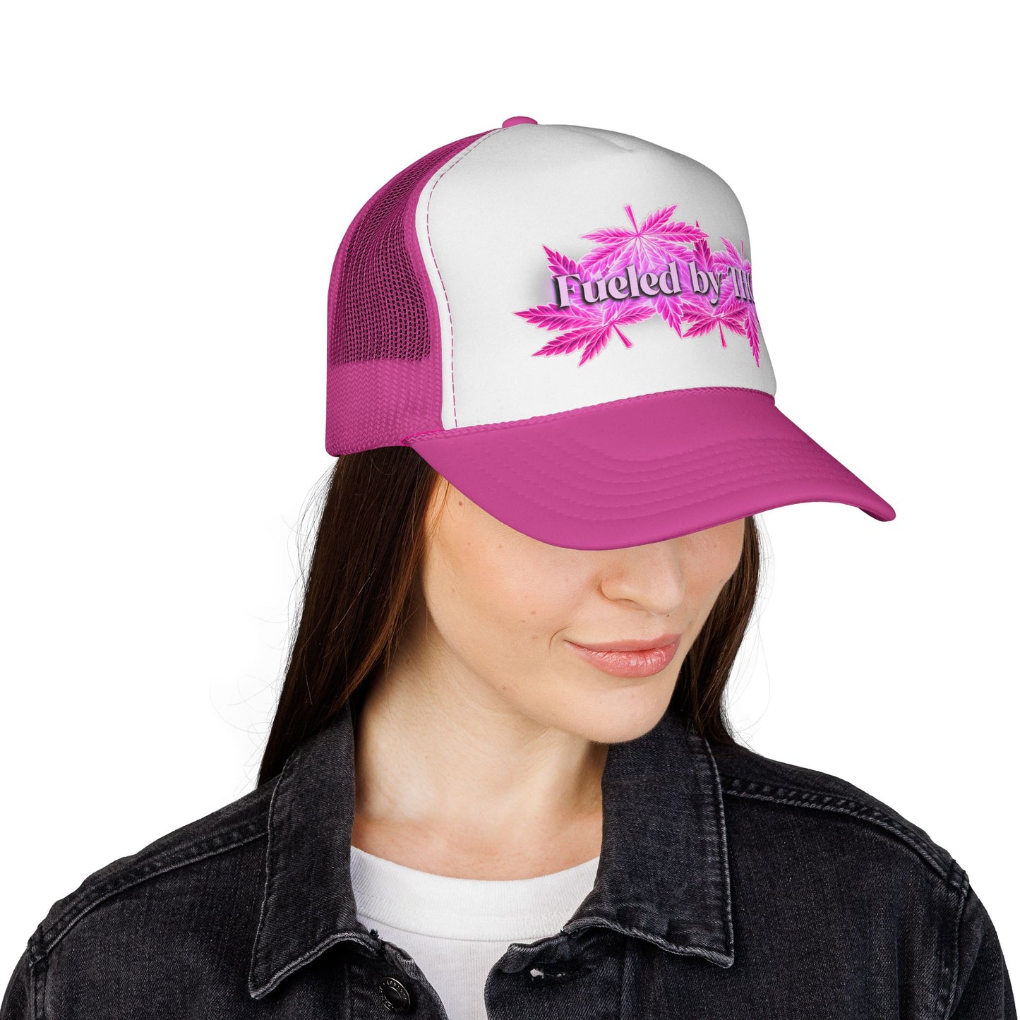 Trucker Cap — 'Fueled by THC' Pink Cannabis Leaf Mesh Hat