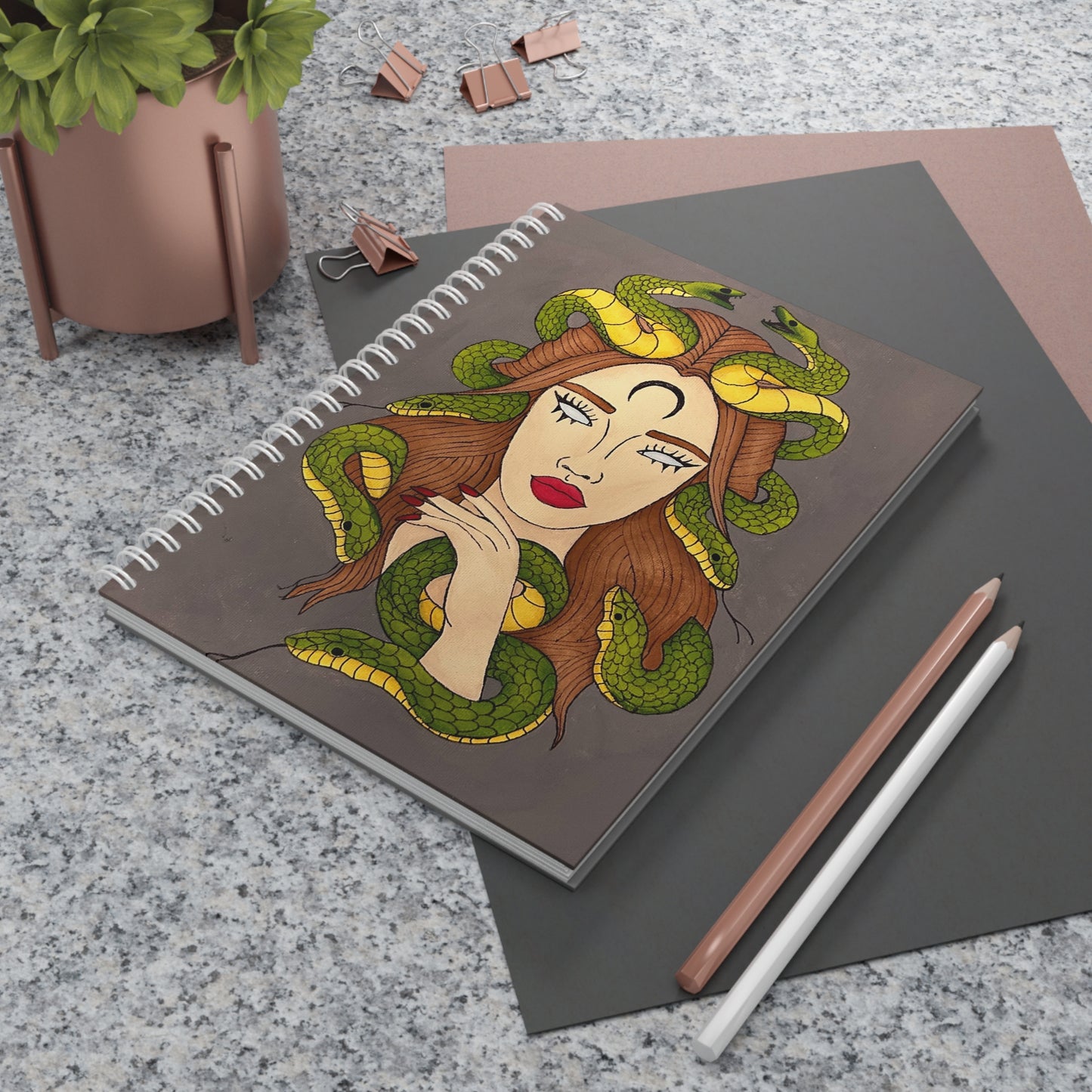 Medusa-Inspired Spiral Notebook — Snake Crown Art Journal for Witches & Mythology Fans