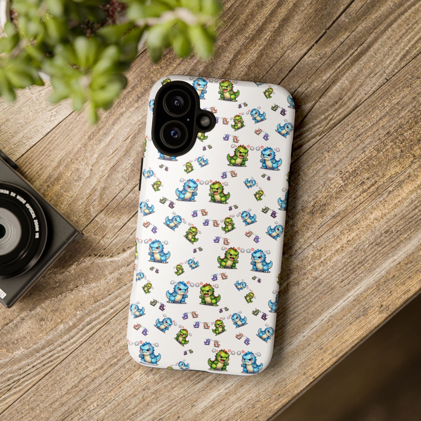 Cute Dino Pattern Phone Case — Cartoon Green & Blue Dino Tough Case, Protective iPhone Cover