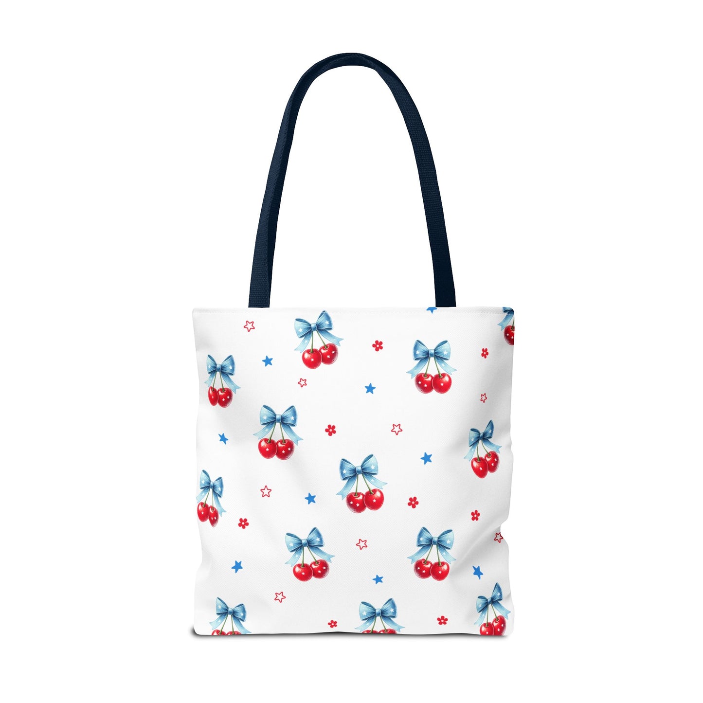 Cherry Bow Tote Bag — Cute Red Cherries with Blue Bows Patterned Shopper