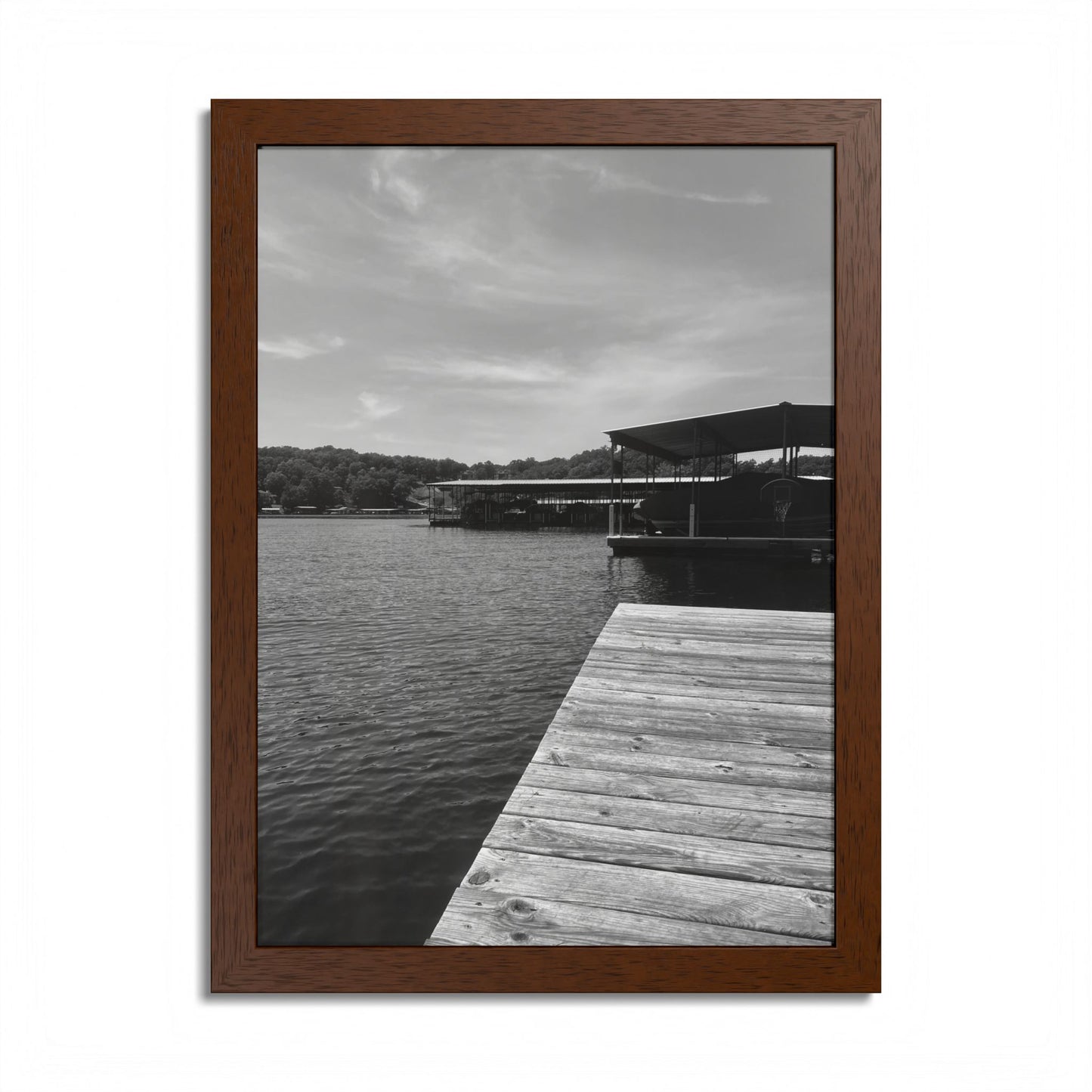 Lake Dock Framed Poster — Black & White Waterfront Wall Art