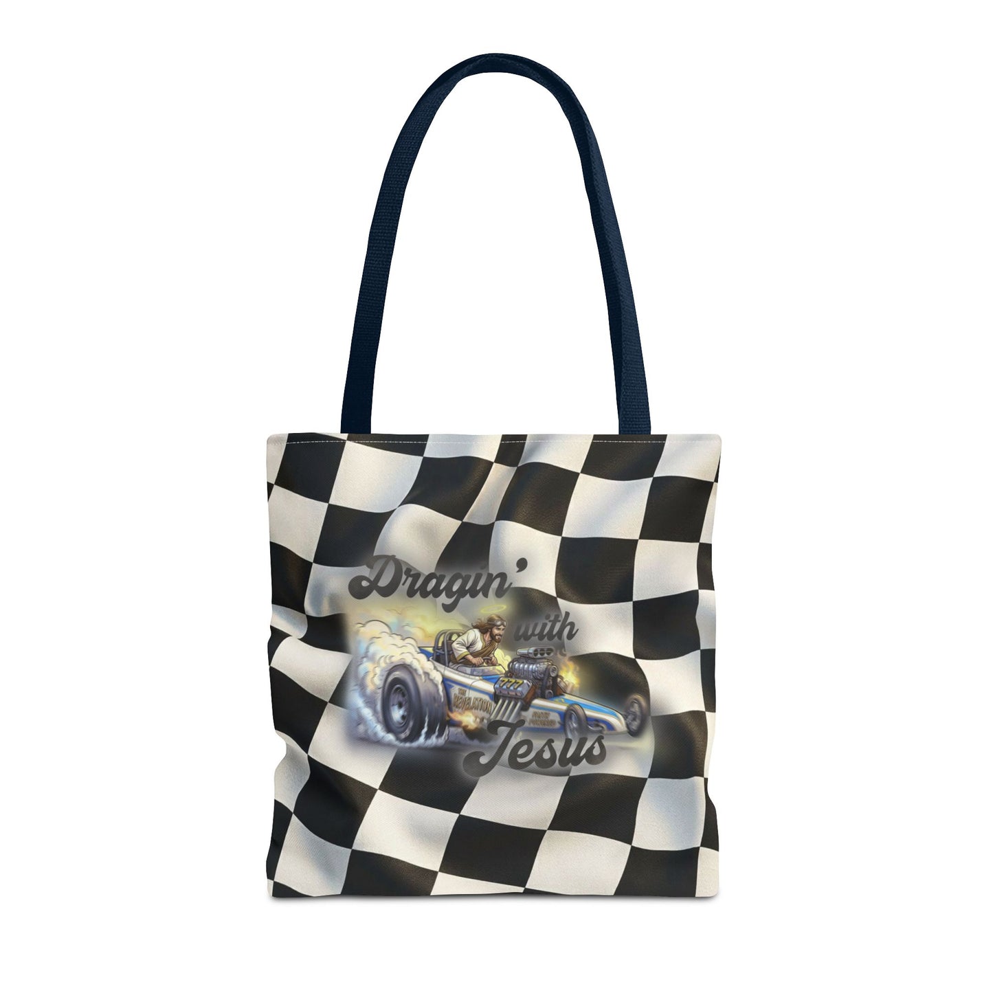 Dragin' Jesus Racing Tote Bag — Checkered Flag Vintage Hot Rod Tote