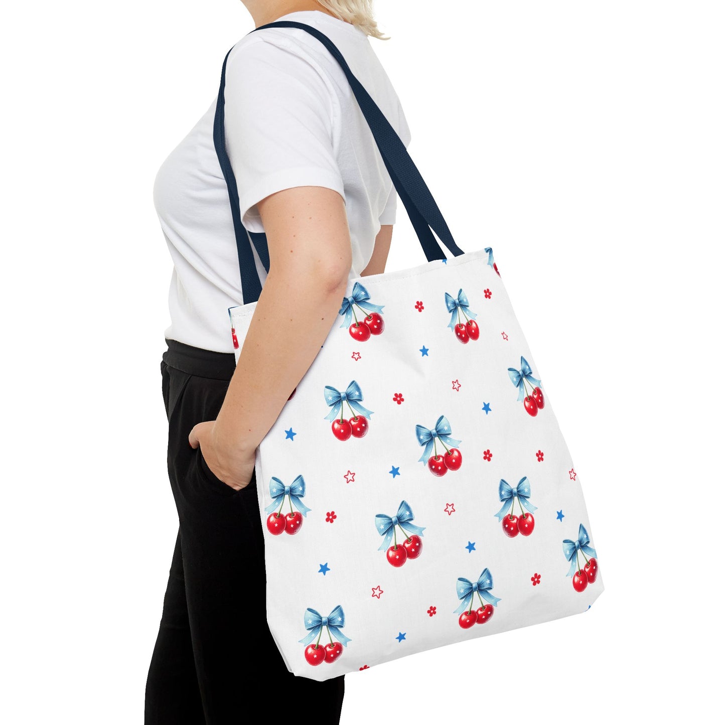 Cherry Bow Tote Bag — Cute Red Cherries with Blue Bows Patterned Shopper