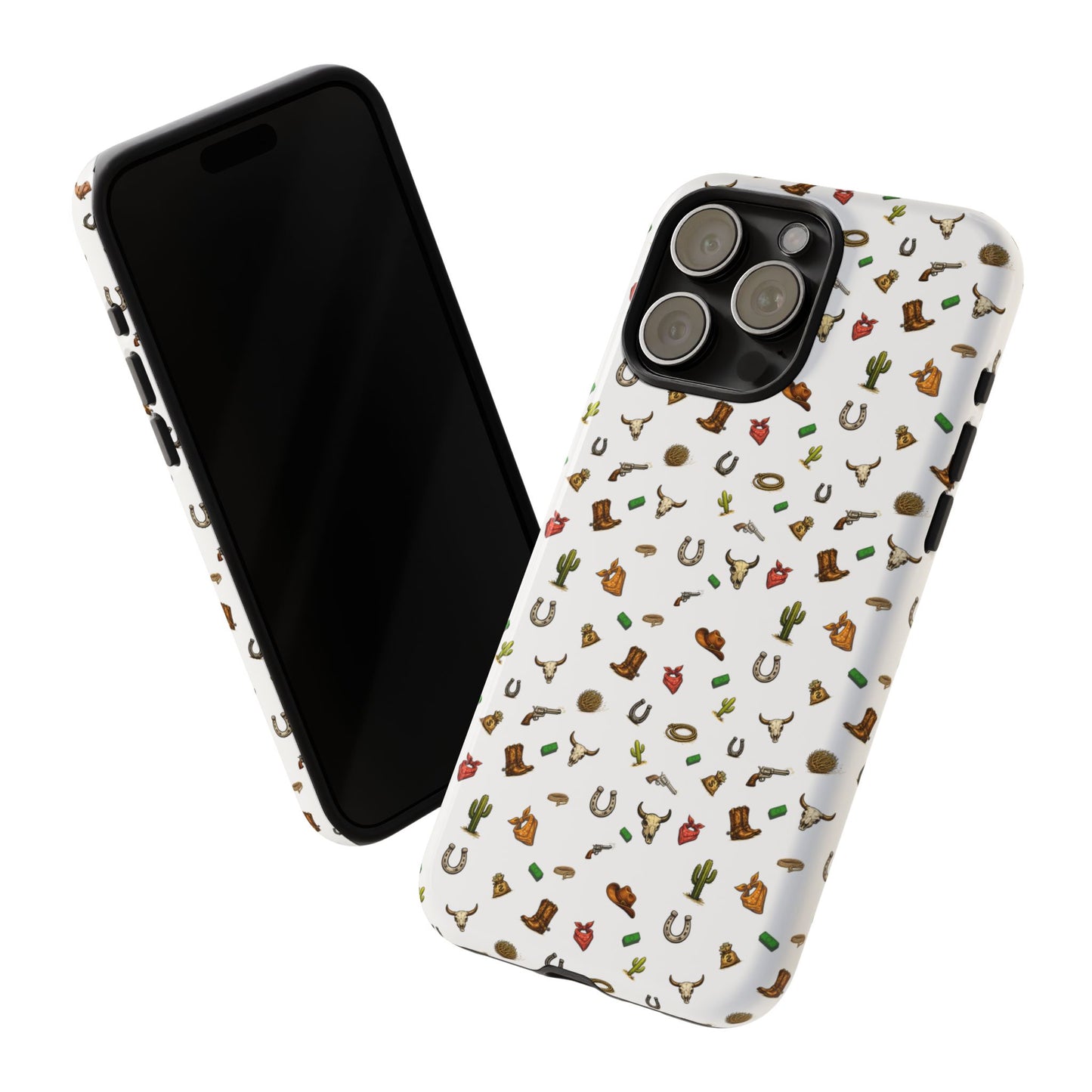Western Cowboy Pattern Phone Case — Rodeo Hat, Horseshoe & Cactus Tough Case