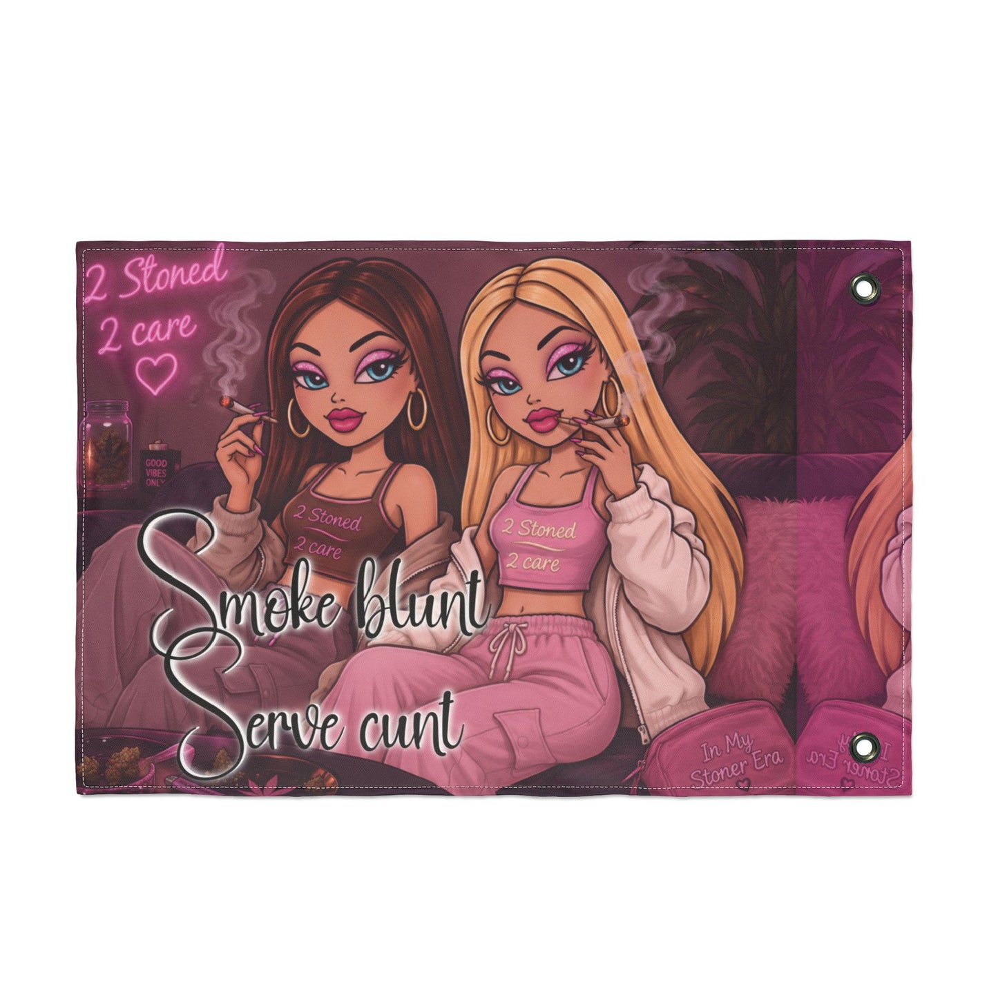 Double-Sided Flag - 'Smoke blunt Serve cunt' Pink Stoner Girl Decorative Garden Banner