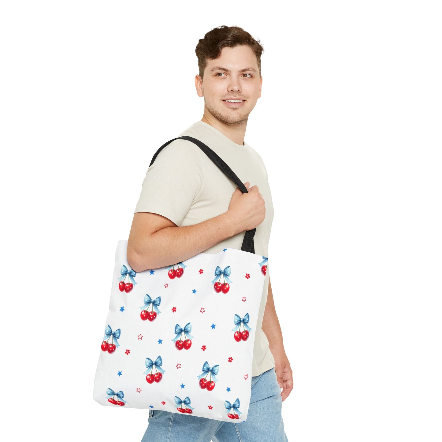 Cherry Bow Tote Bag — Cute Red Cherries with Blue Bows Patterned Shopper