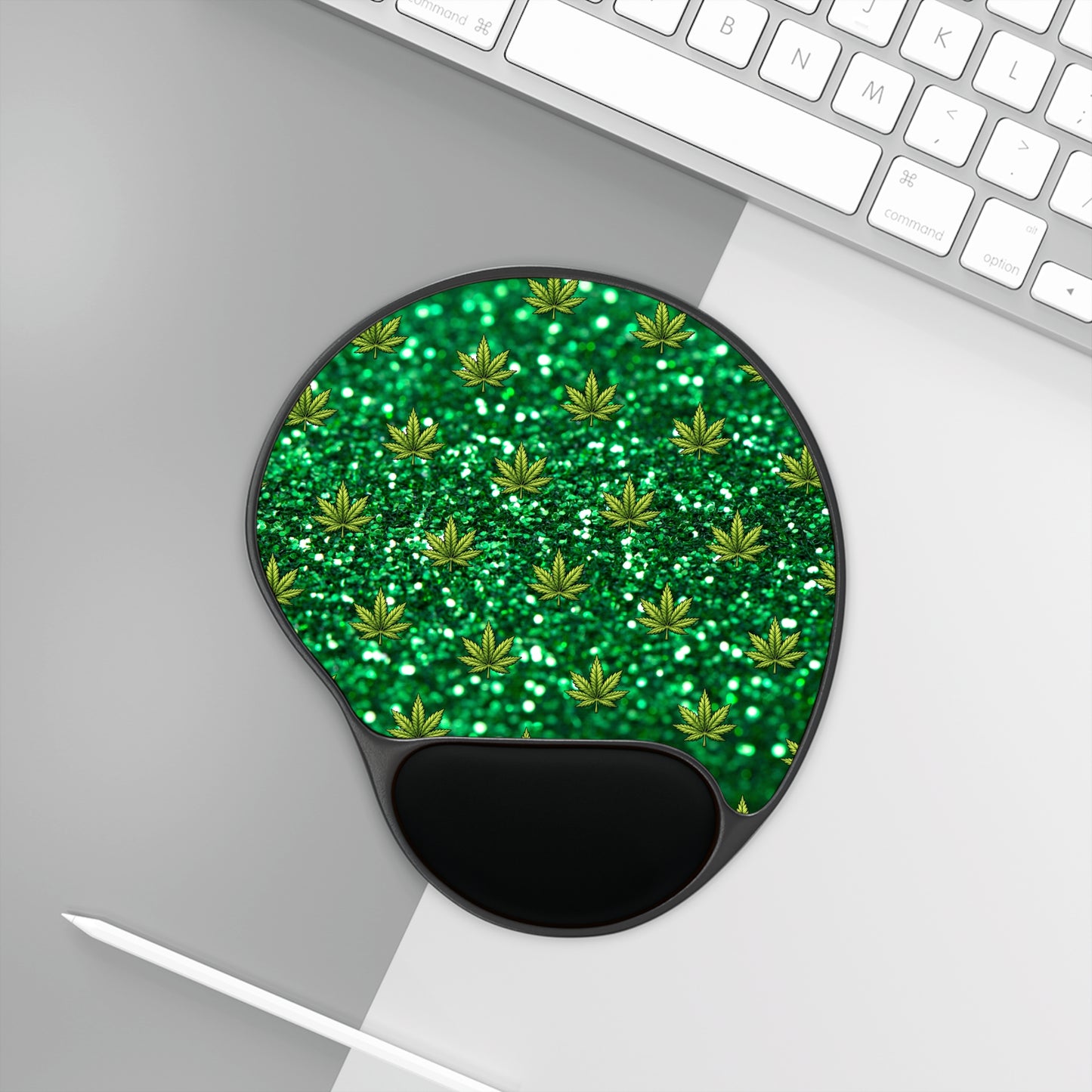 Green Glitter Cannabis Leaf Mouse Pad with Ergonomic Wrist Rest