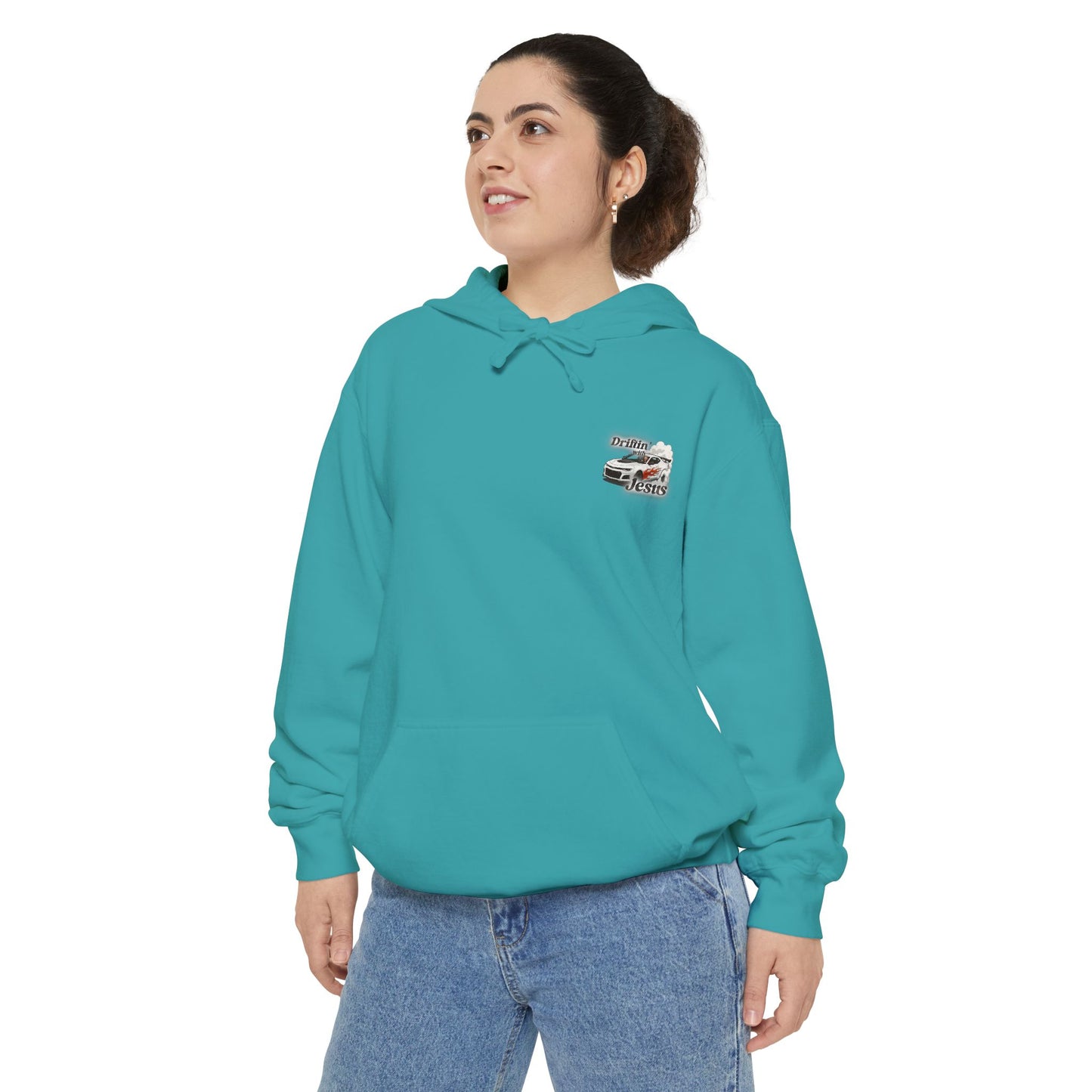 Classic Car Hoodie — Small Chest Graphic “drifting with jesus" Pullover