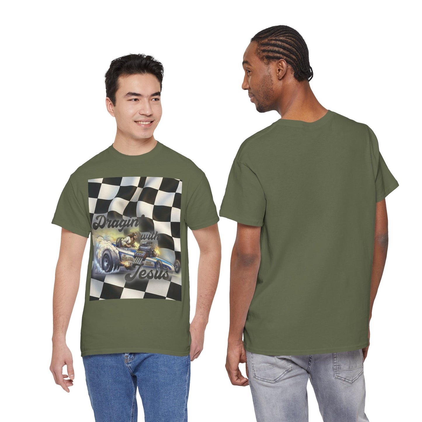 Racing Faith Tee – "Draggin' for Jesus" Checkered Flag Racing T-Shirt