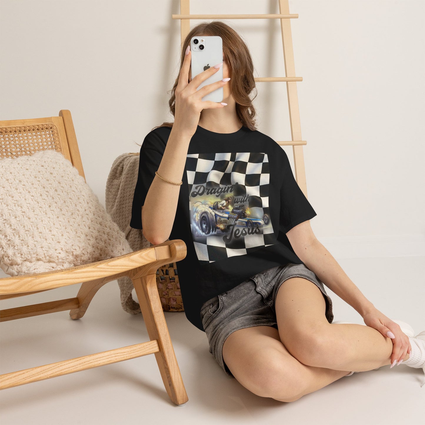 Racing Faith Tee – "Draggin' for Jesus" Checkered Flag Racing T-Shirt