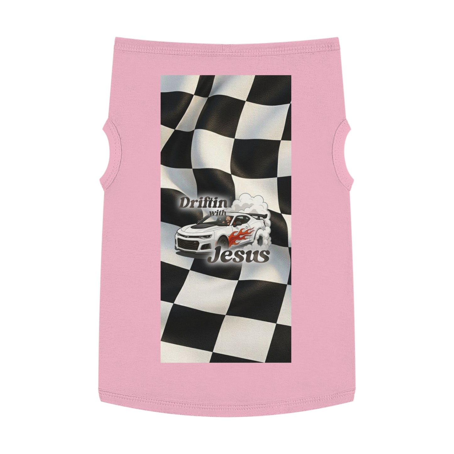 Pet Tank Top — "Driftin' with Jesus" Racing Flag Dog Shirt