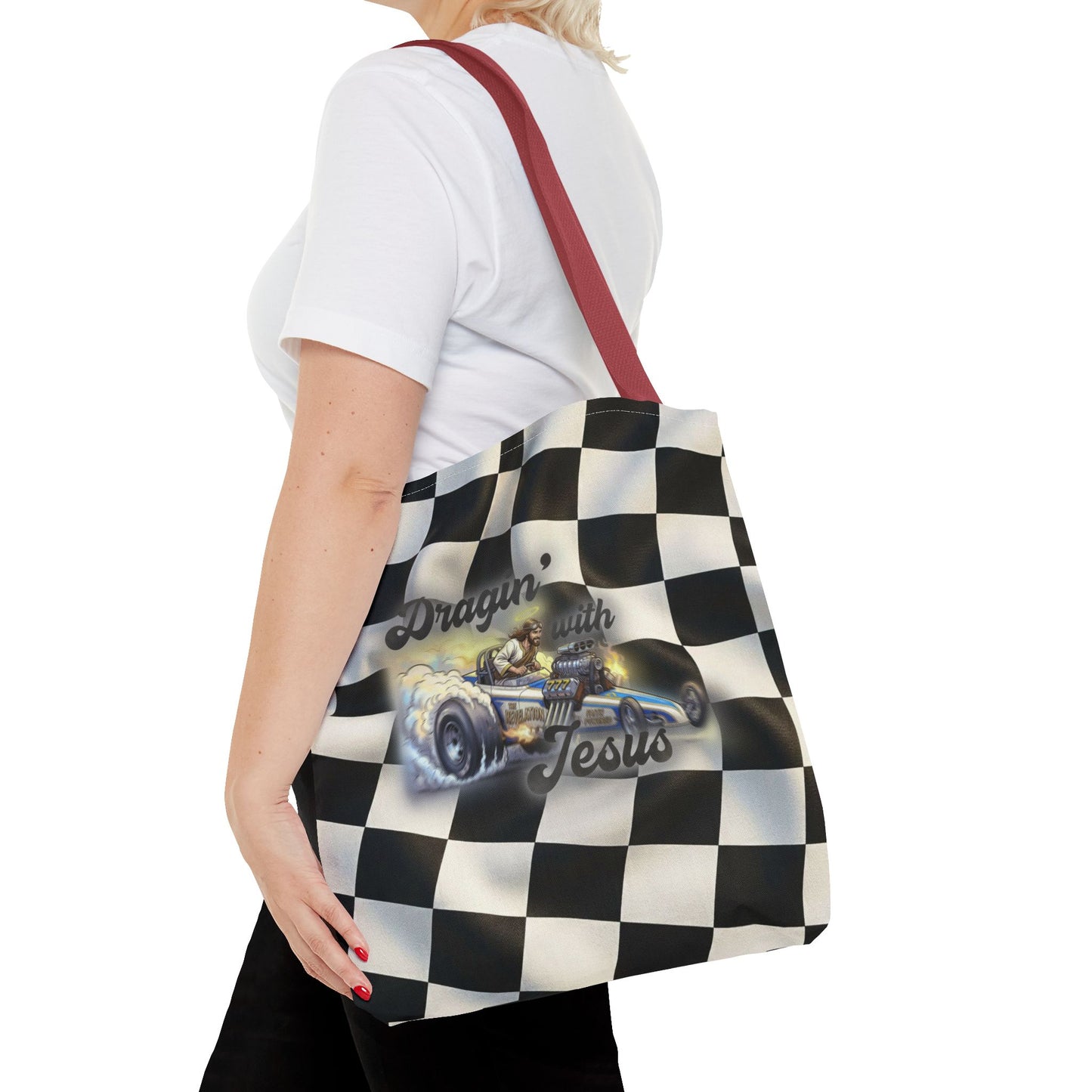 Dragin' Jesus Racing Tote Bag — Checkered Flag Vintage Hot Rod Tote