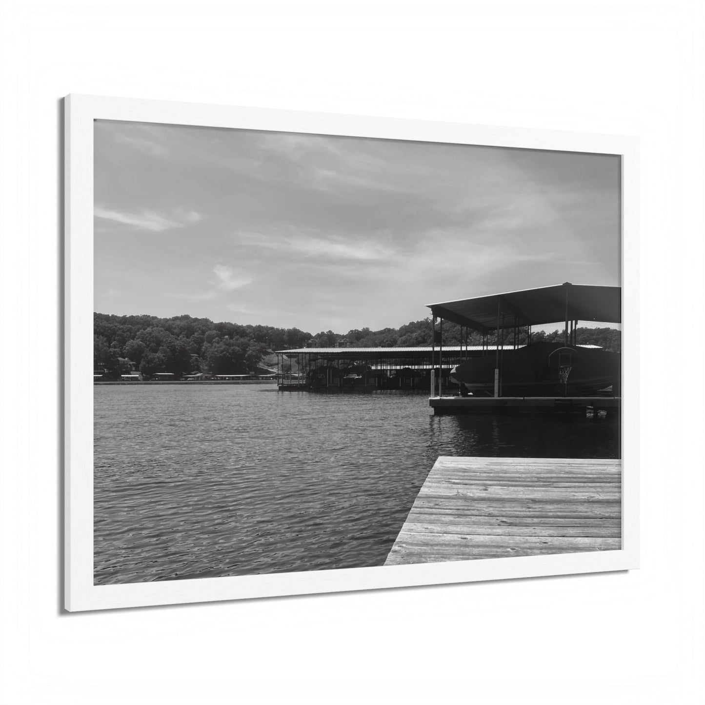 Lake Dock Framed Poster — Black & White Waterfront Wall Art