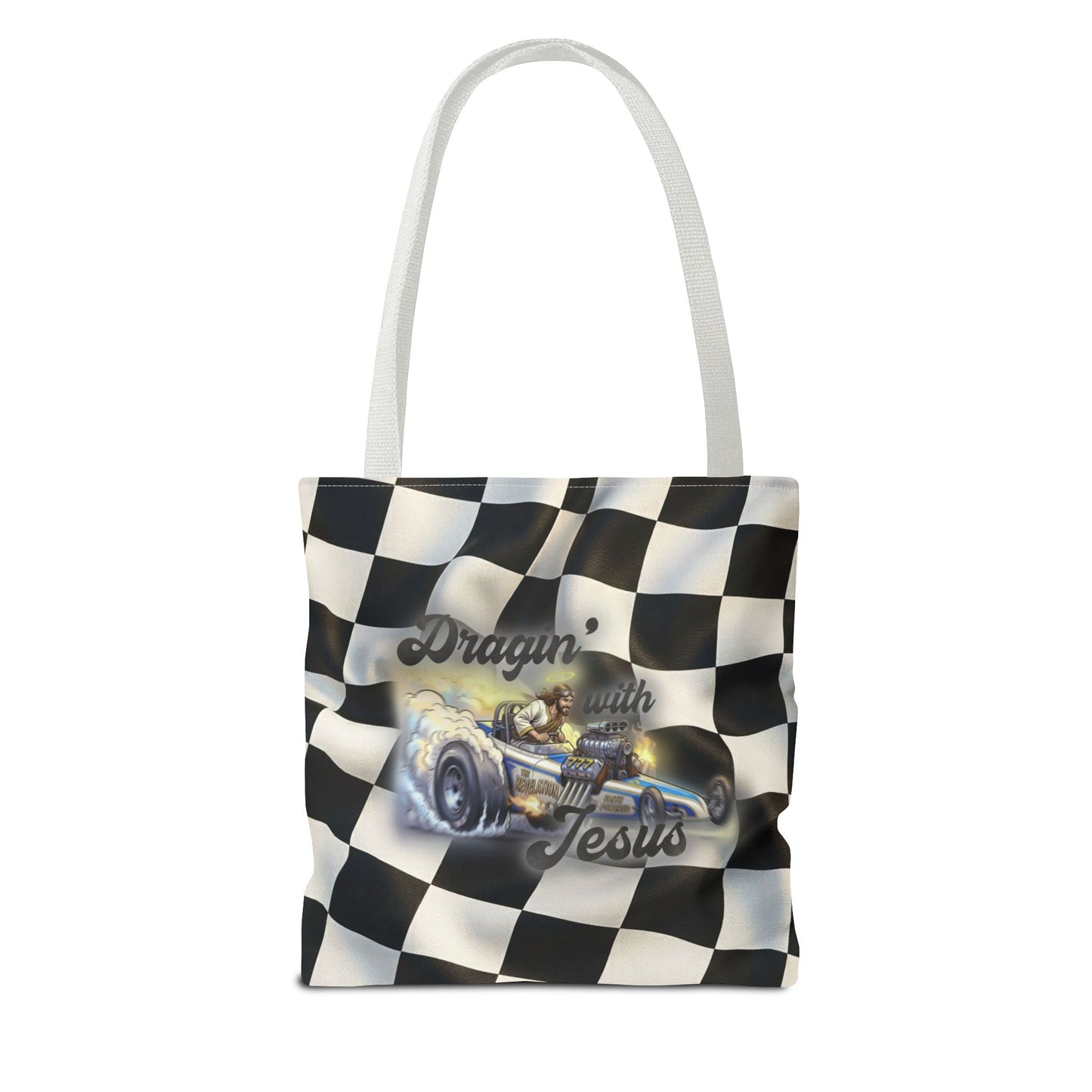 Dragin' Jesus Racing Tote Bag — Checkered Flag Vintage Hot Rod Tote
