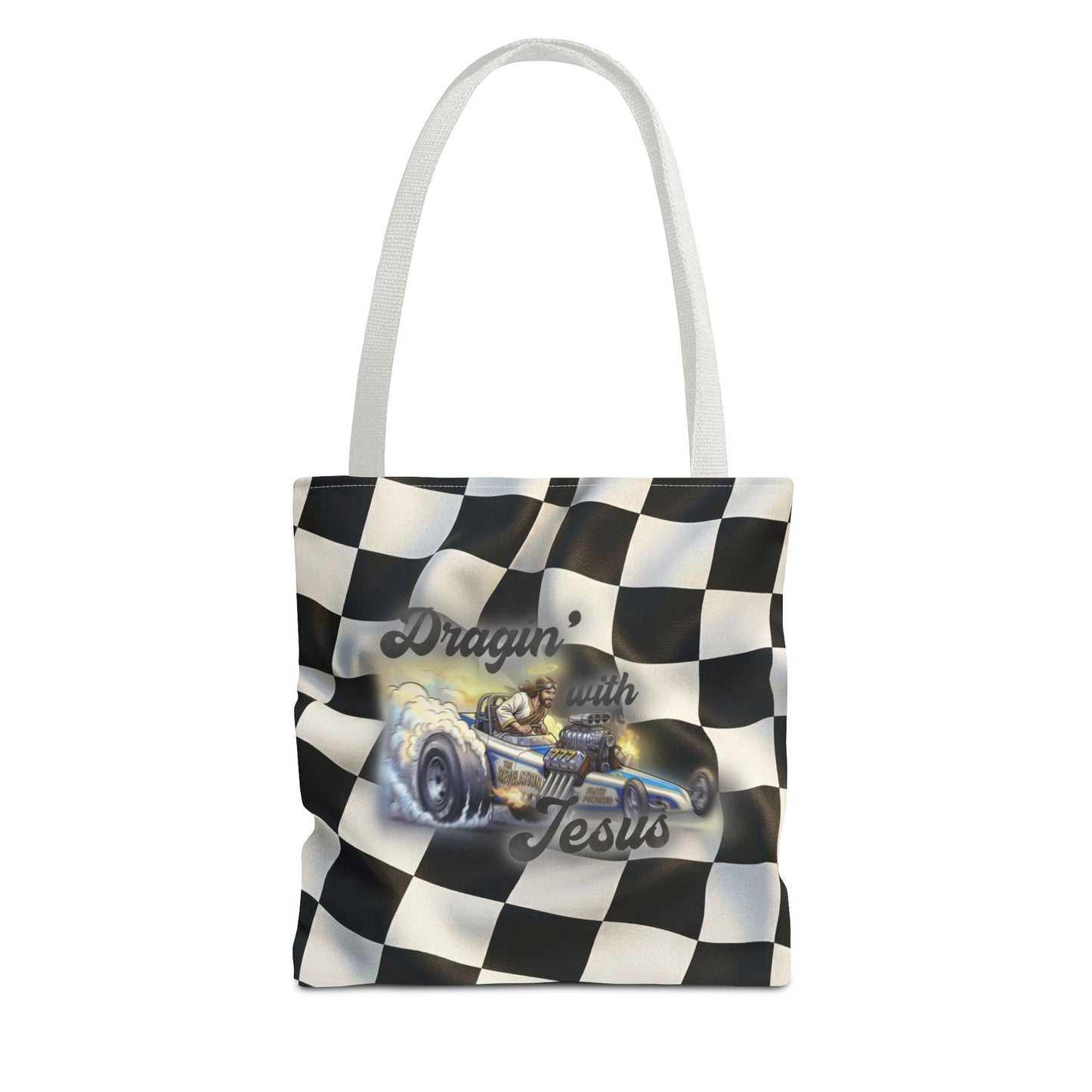 Dragin' Jesus Racing Tote Bag — Checkered Flag Vintage Hot Rod Tote