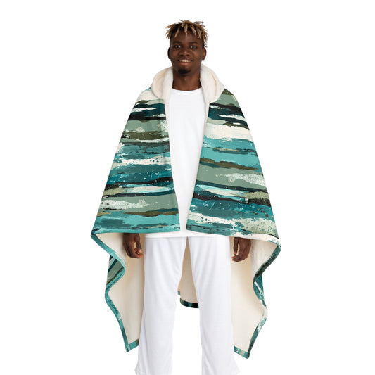 Hooded Sherpa Blanket — Teal Seafoam Brushstroke Fleece Wrap