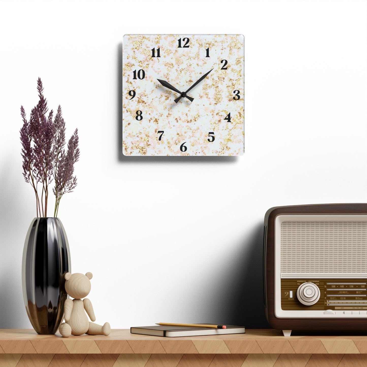 Marble Accent Acrylic Wall Clock — Elegant Gold Fleck Home Decor