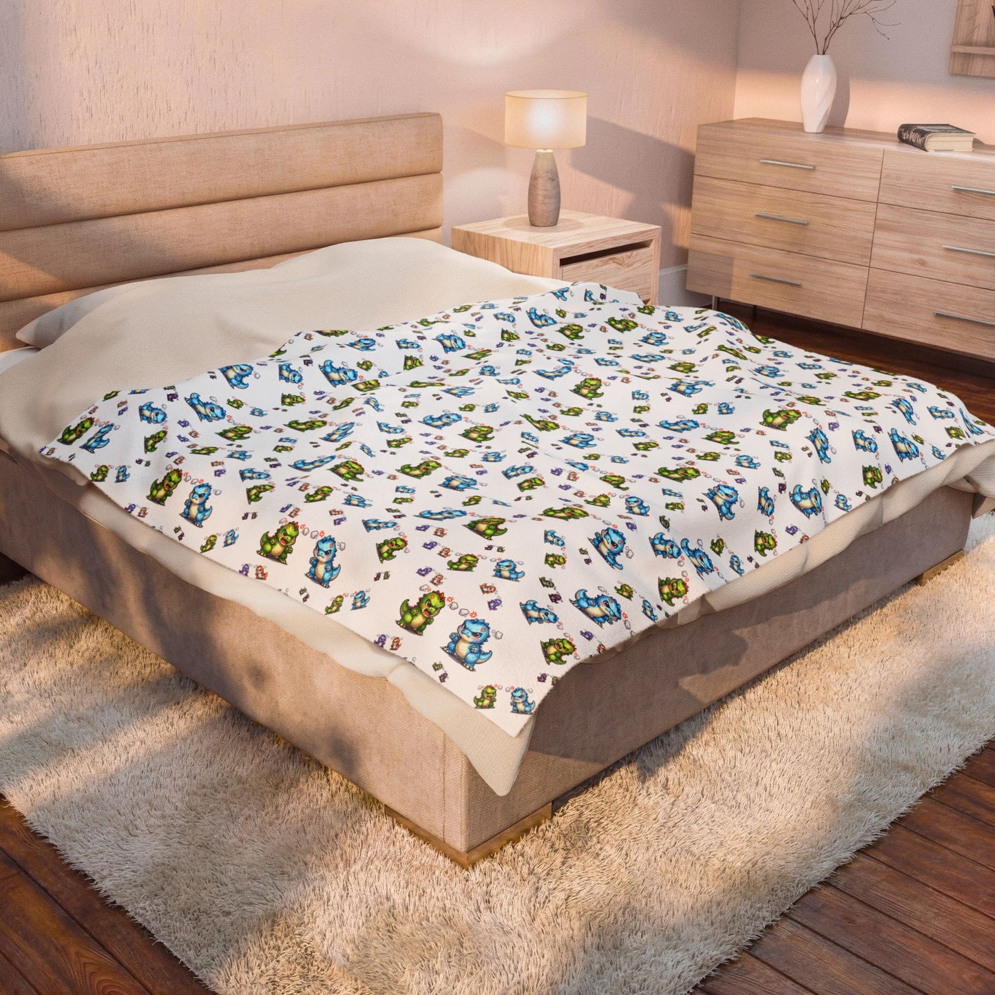 Plush Blanket — Cute Dino Pattern Velveteen Throw