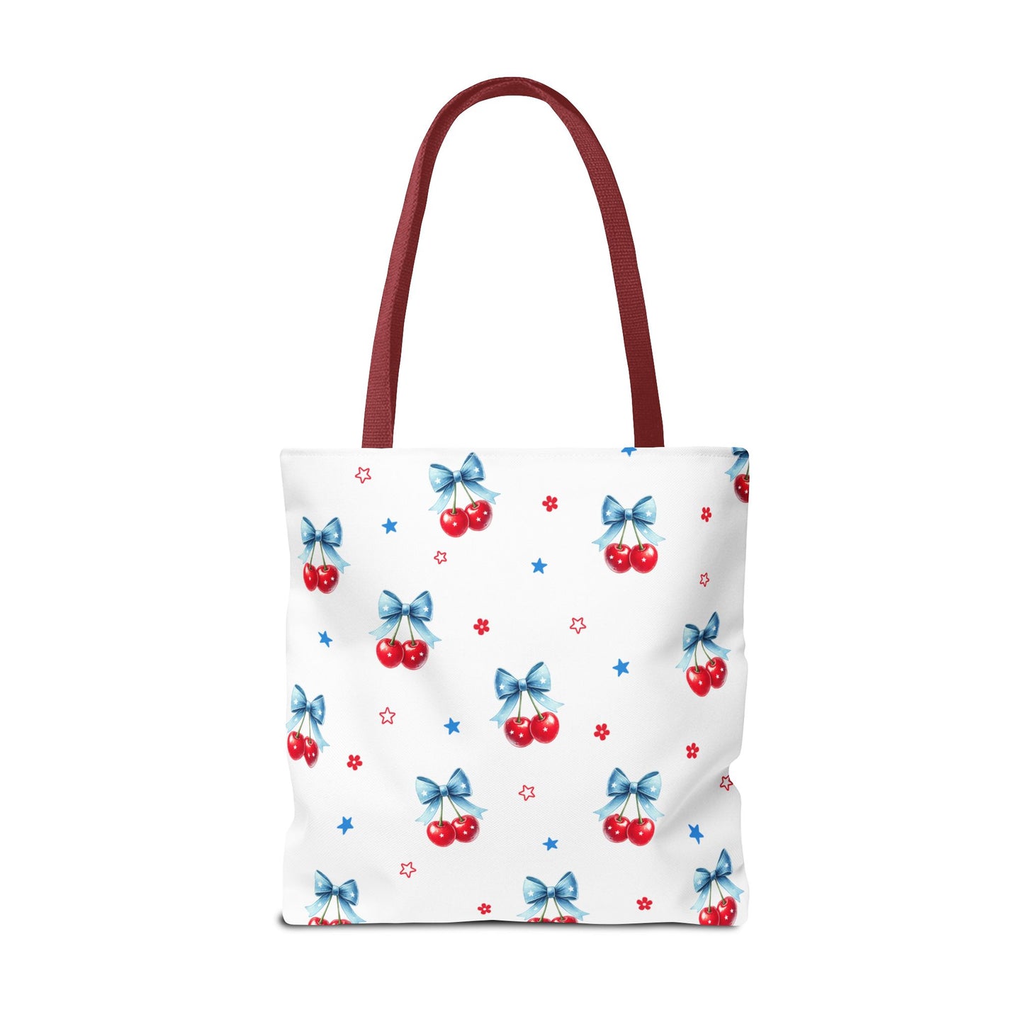 Cherry Bow Tote Bag — Cute Red Cherries with Blue Bows Patterned Shopper
