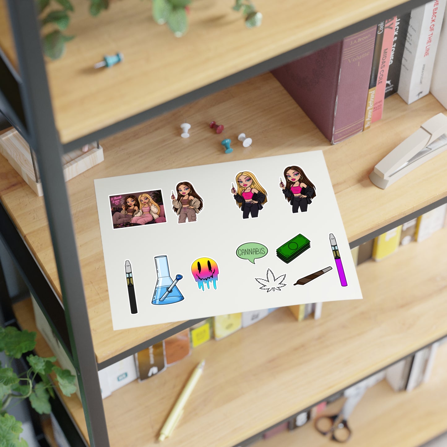 Cannabis Vibes Sticker Sheet — Smoking Accessories & Chill Girl Character Stickers