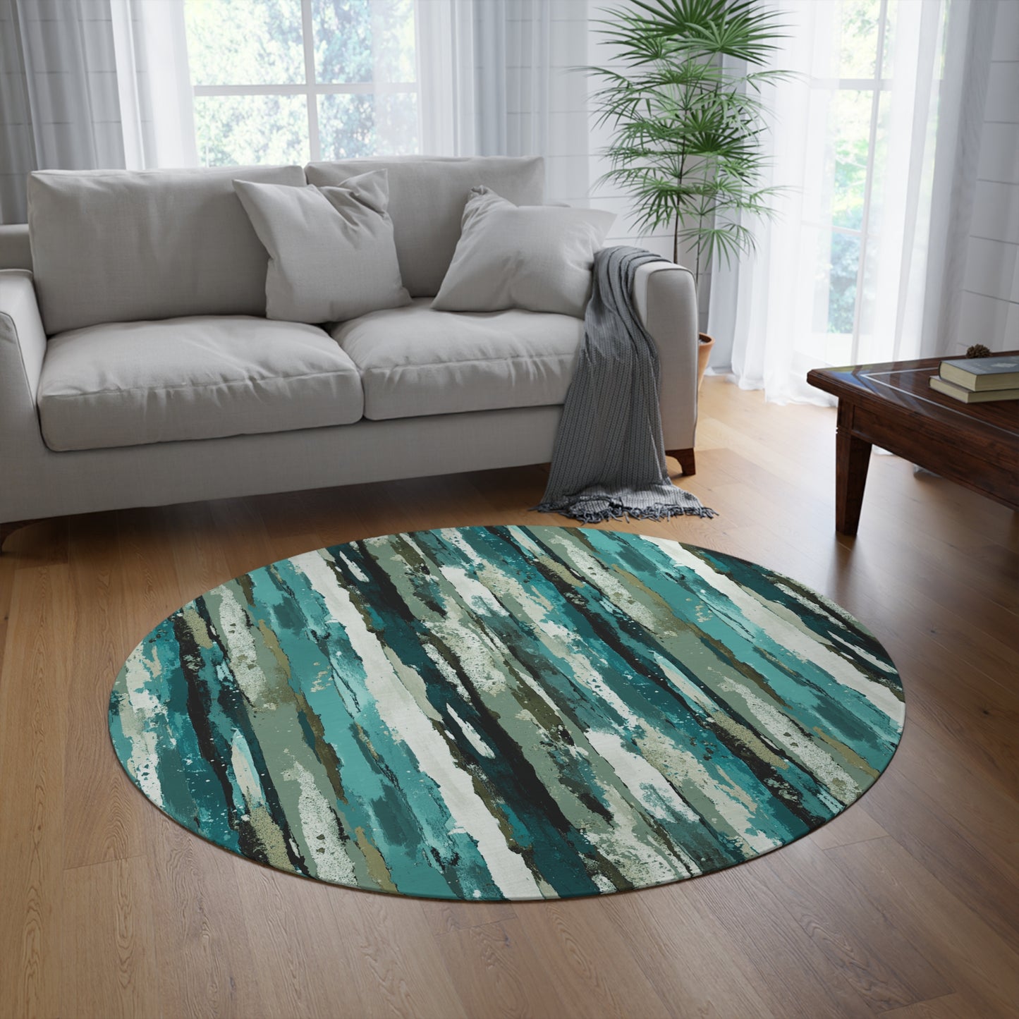 Abstract Teal Stripe Round Rug — Modern Coastal Accent Rug