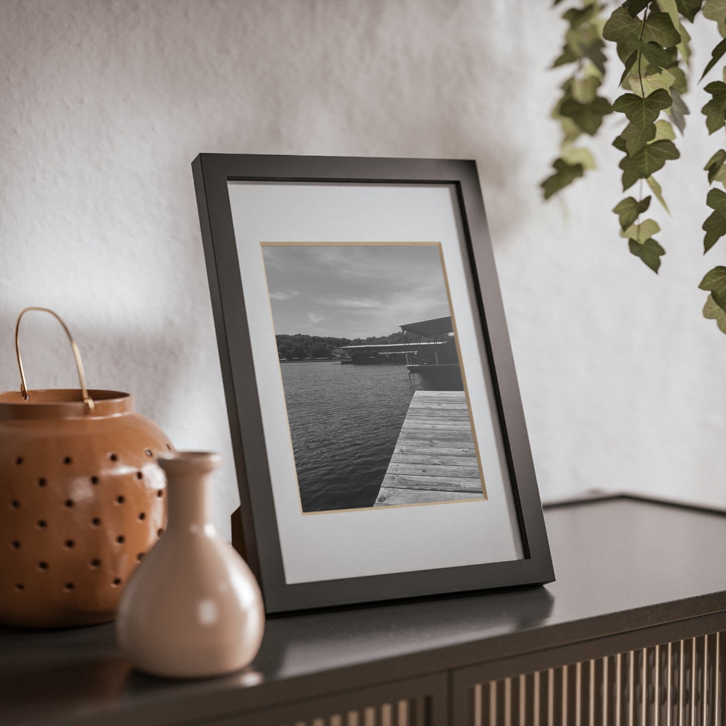 Black Framed Lake Dock Poster — Minimalist Monochrome Wall Art